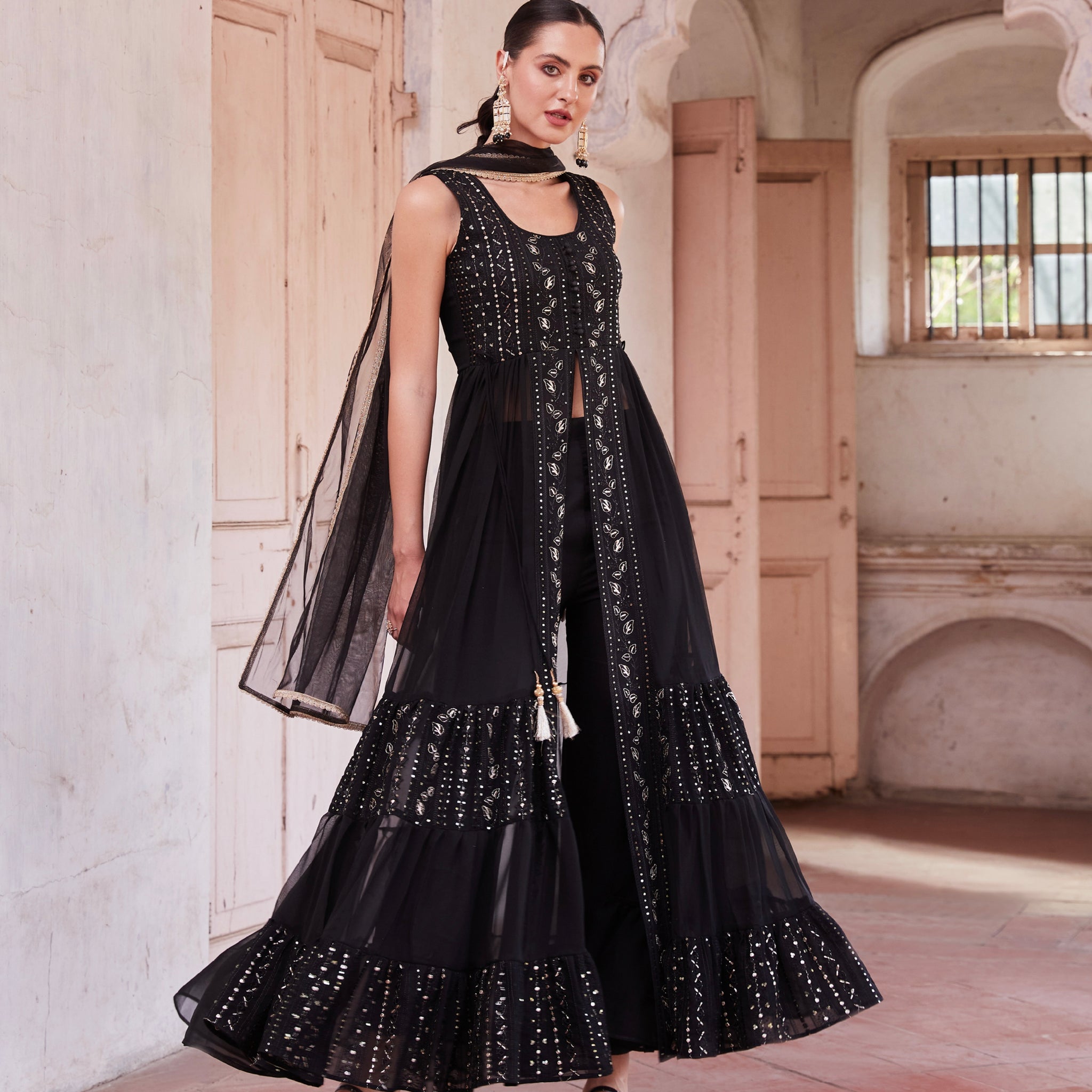 Black Anarkali Gown In Georgette With Zari Embroidery