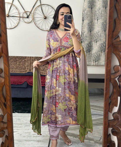 Beautiful Party Wear Pure Muslin Alia Cut Suit With Dupatta - Anant Exports