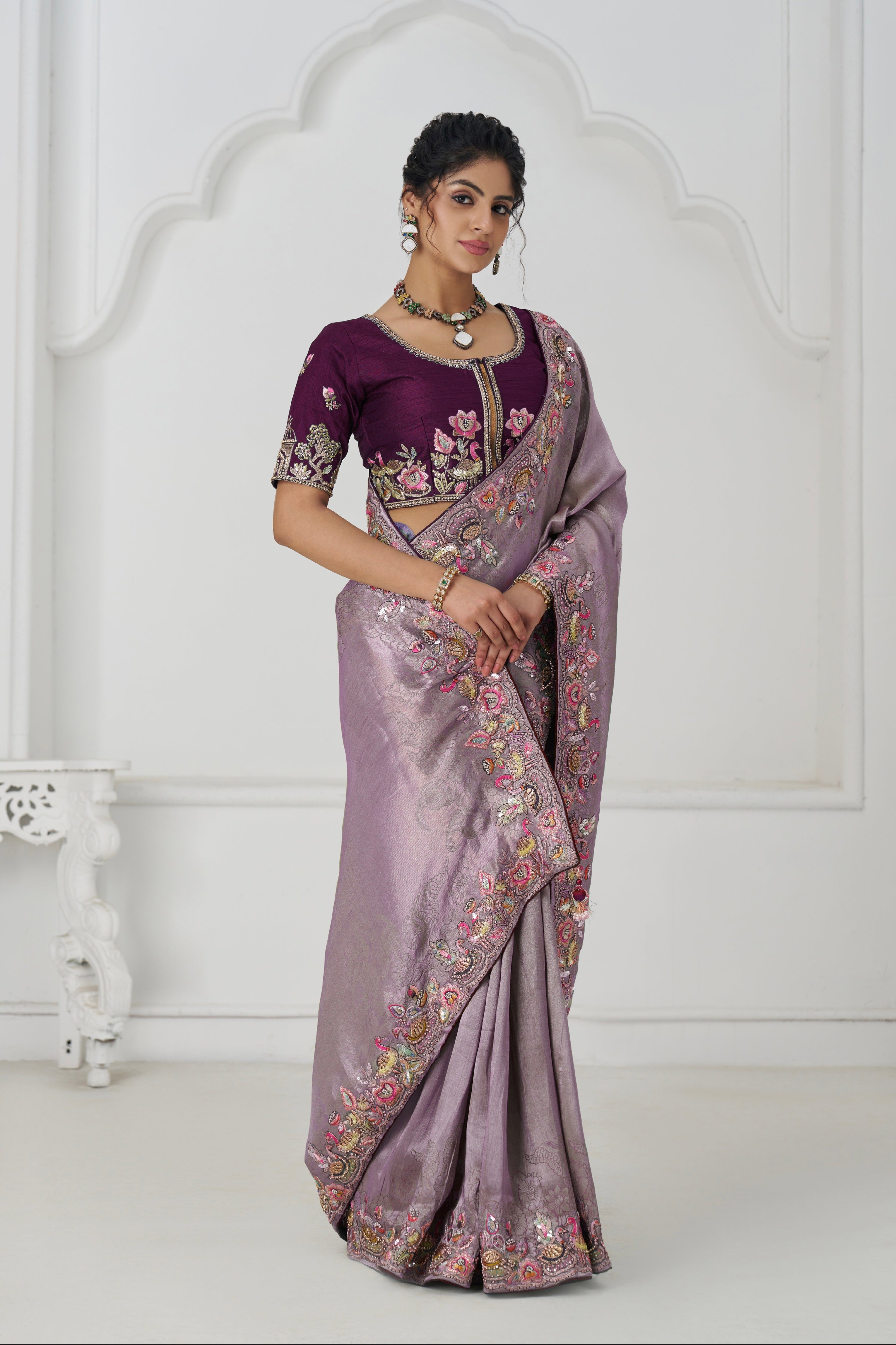 Designer mauve silk saree with delicate sequin work