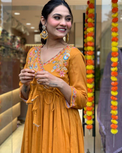 Mustard Viscose Anarkali Kurti Set with Embroidered Dupatta
