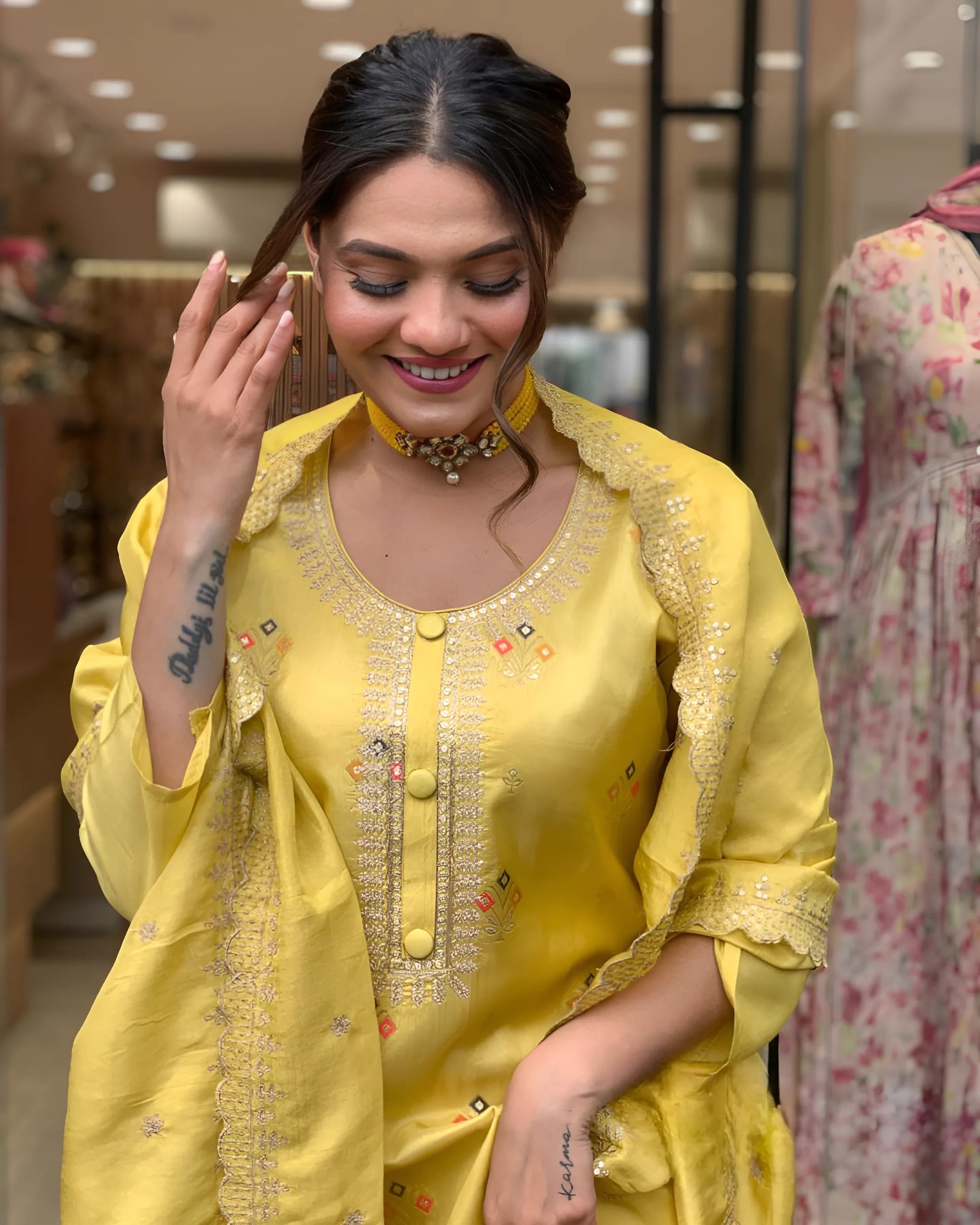Yellow Viscose Chanderi Kurti Set with Organza Tebby Dupatta