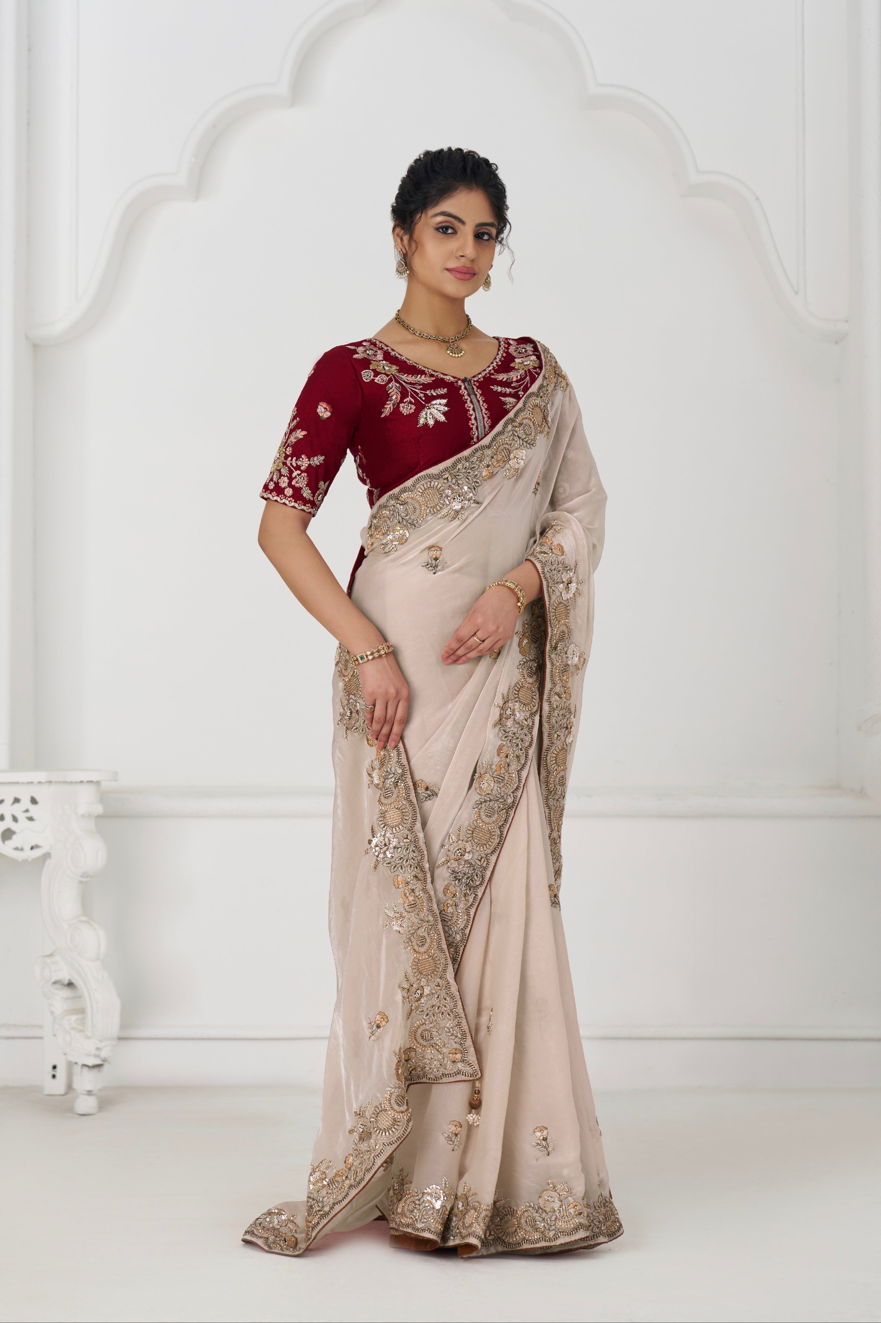 Chiku Fendi silk saree with zari embroidery