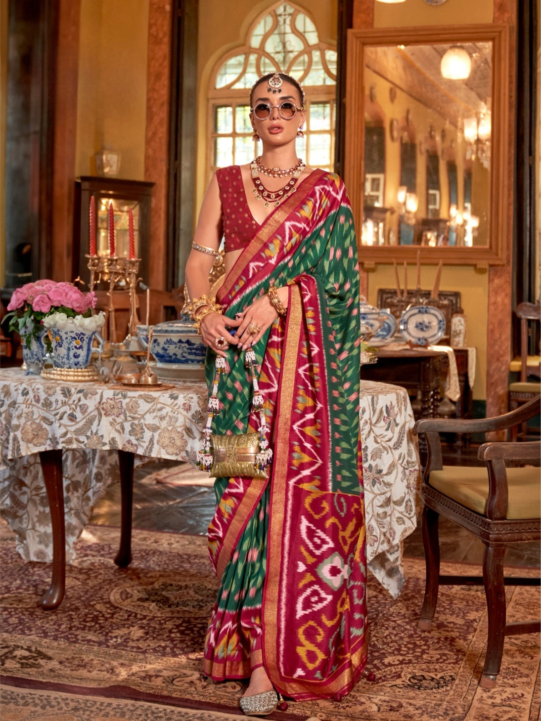 Deep Green &amp; Red Patola Silk Saree