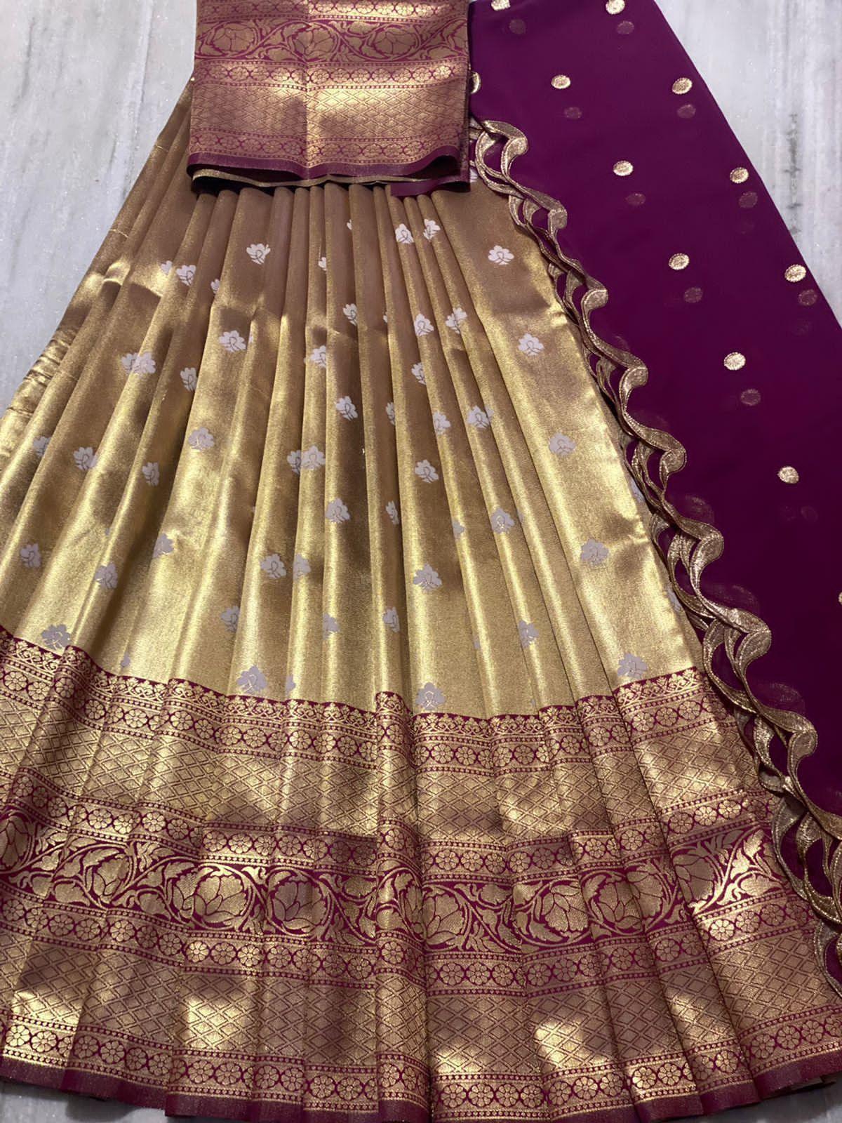 Beautiful Kanjiveram Silk Pure Zari HALF Saree with Blouse Along With Dupptta - Anant Exports