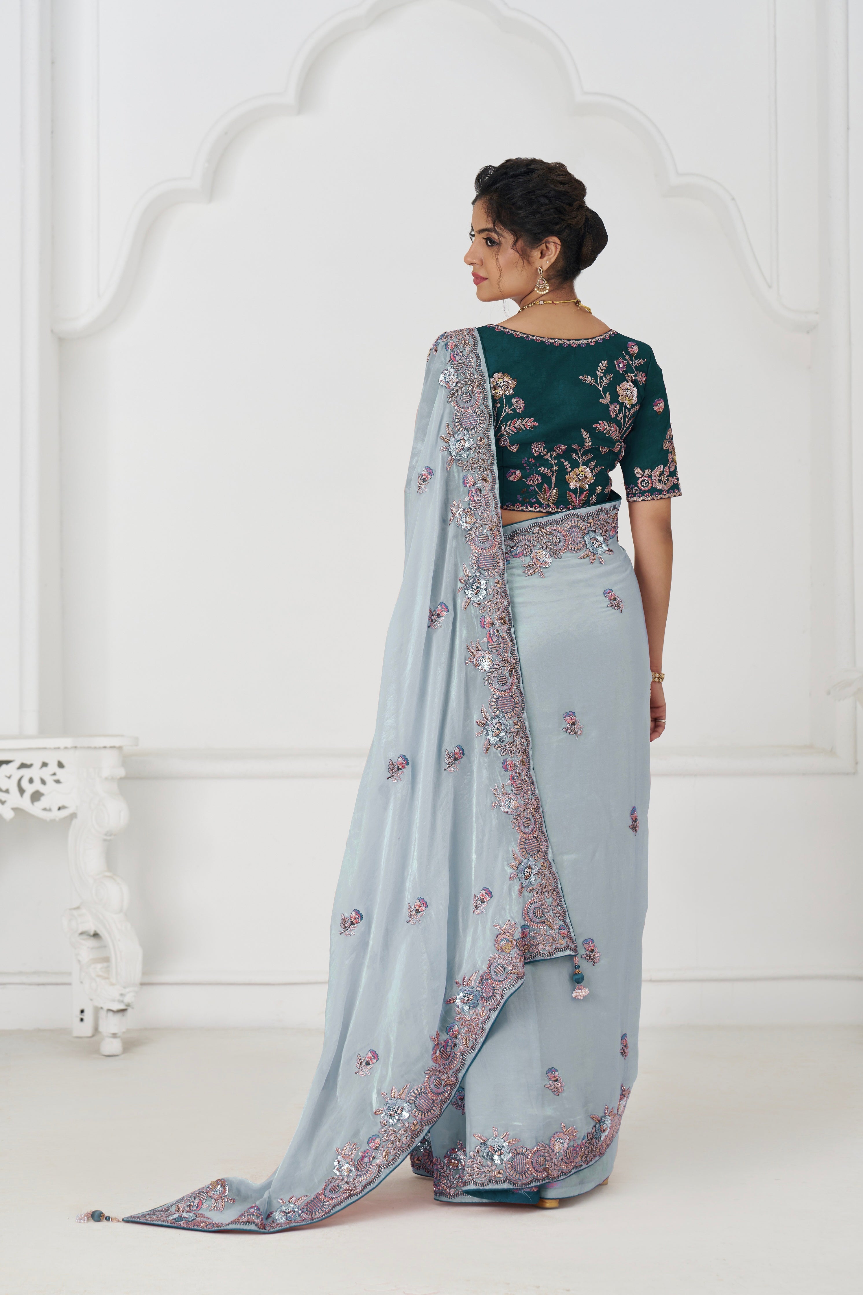 Party wear grey silk saree with embellished blouse