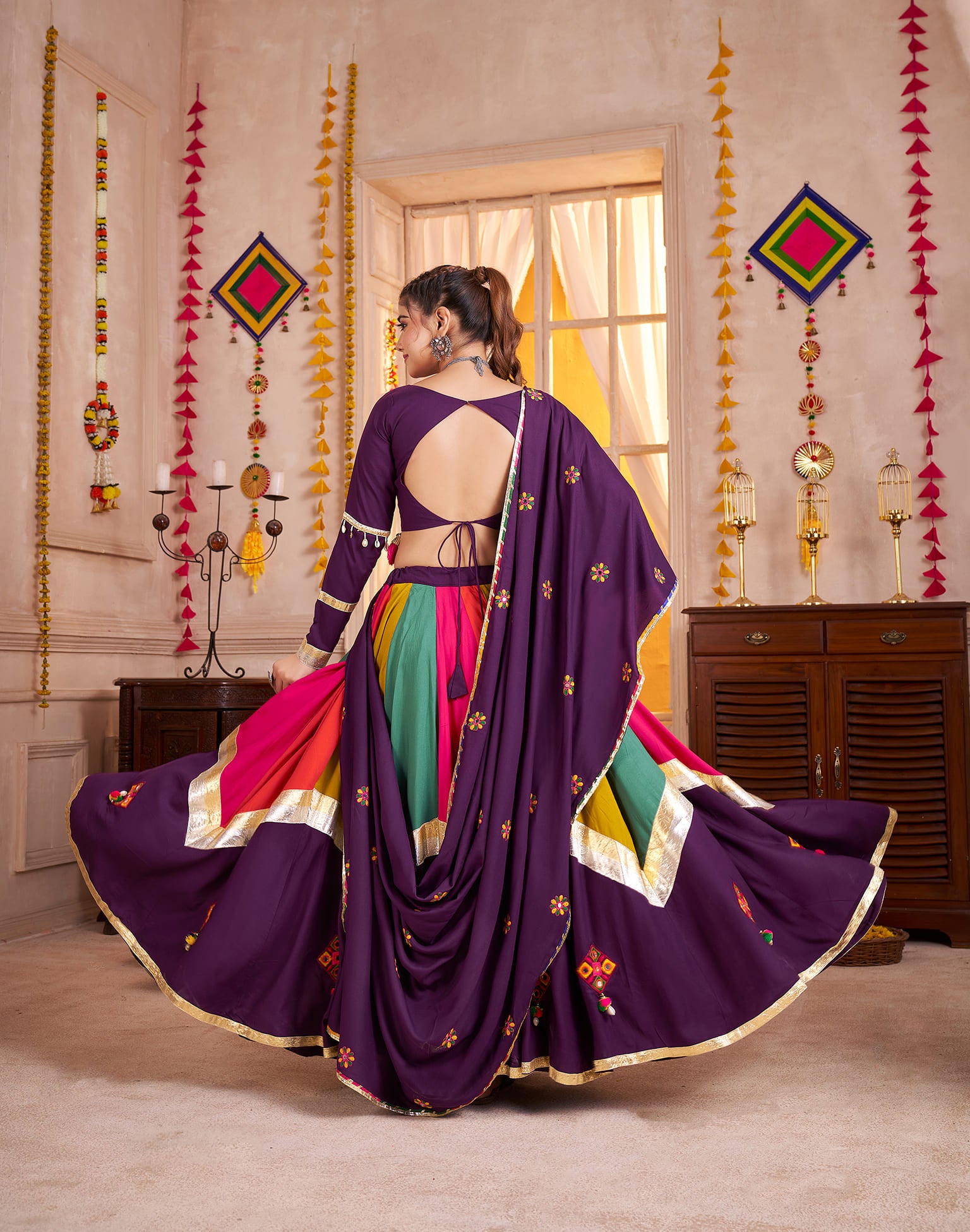 Purple Multicolor Navratri Chaniya Choli with Embroidered Dupatta