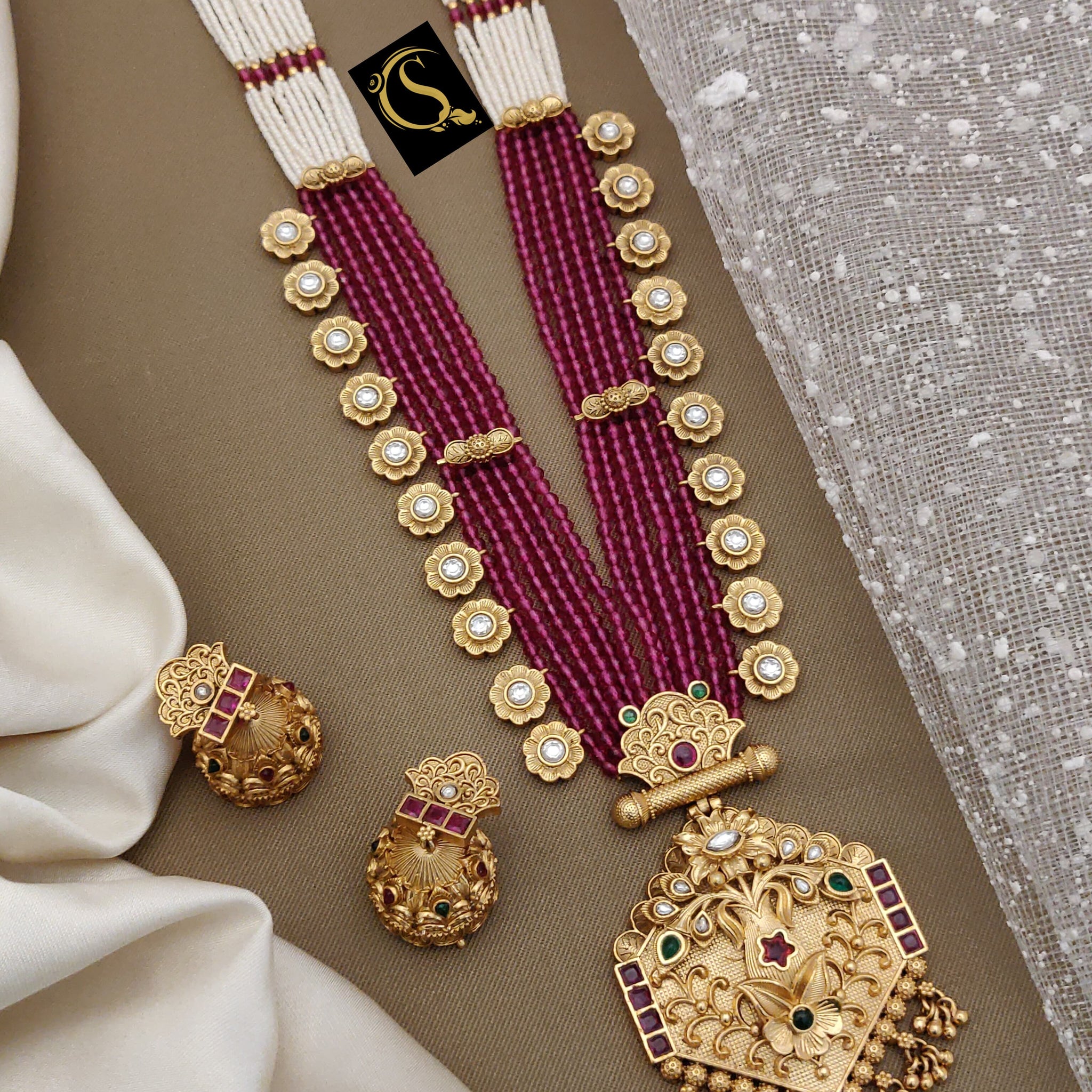 Beautiful Rajwadi Antique Long Necklace with Earrings Jewellery