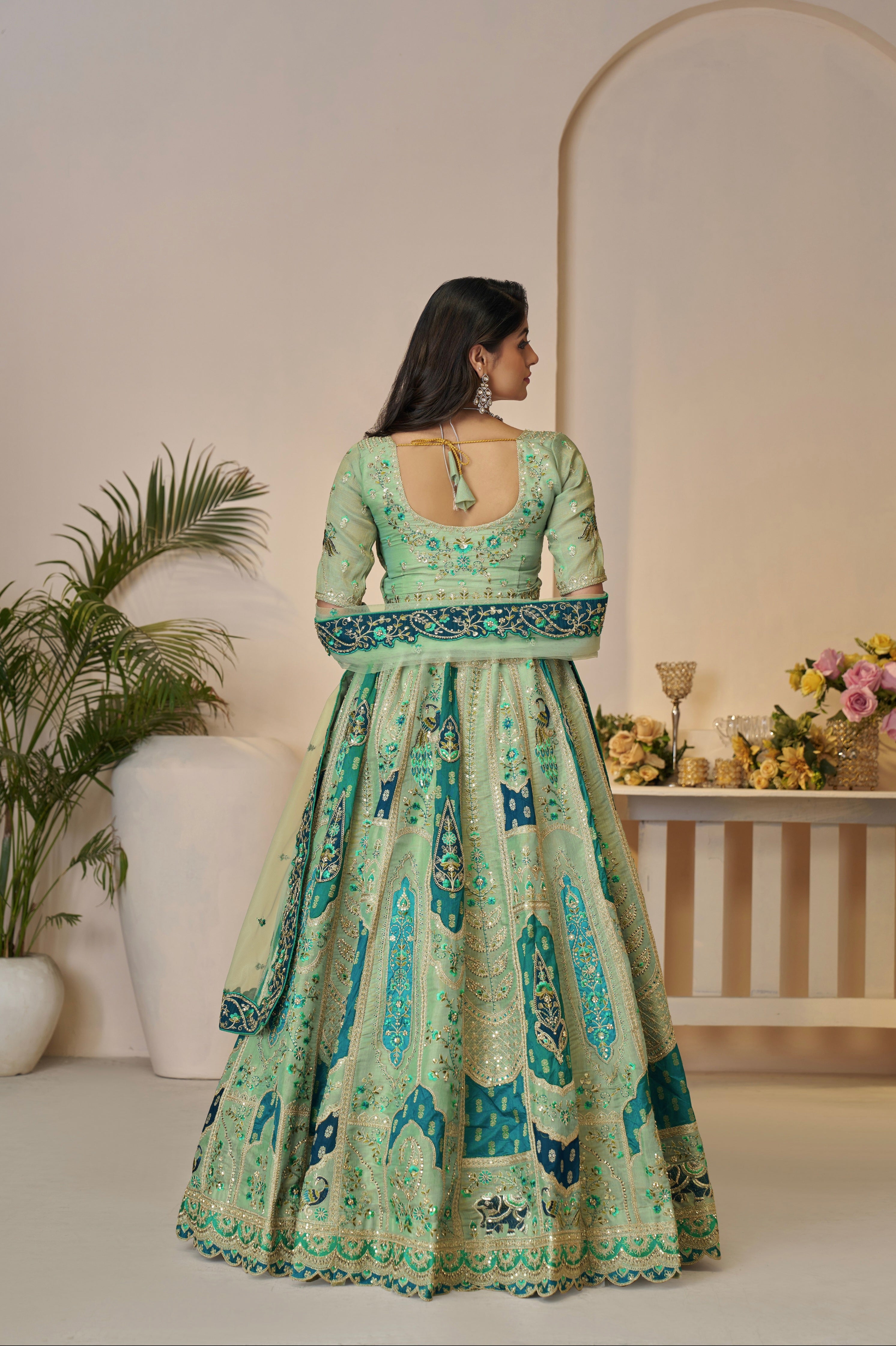 Green Banarasi Silk Lehenga Choli Set