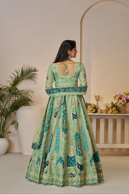 Green Banarasi Silk Lehenga Choli Set