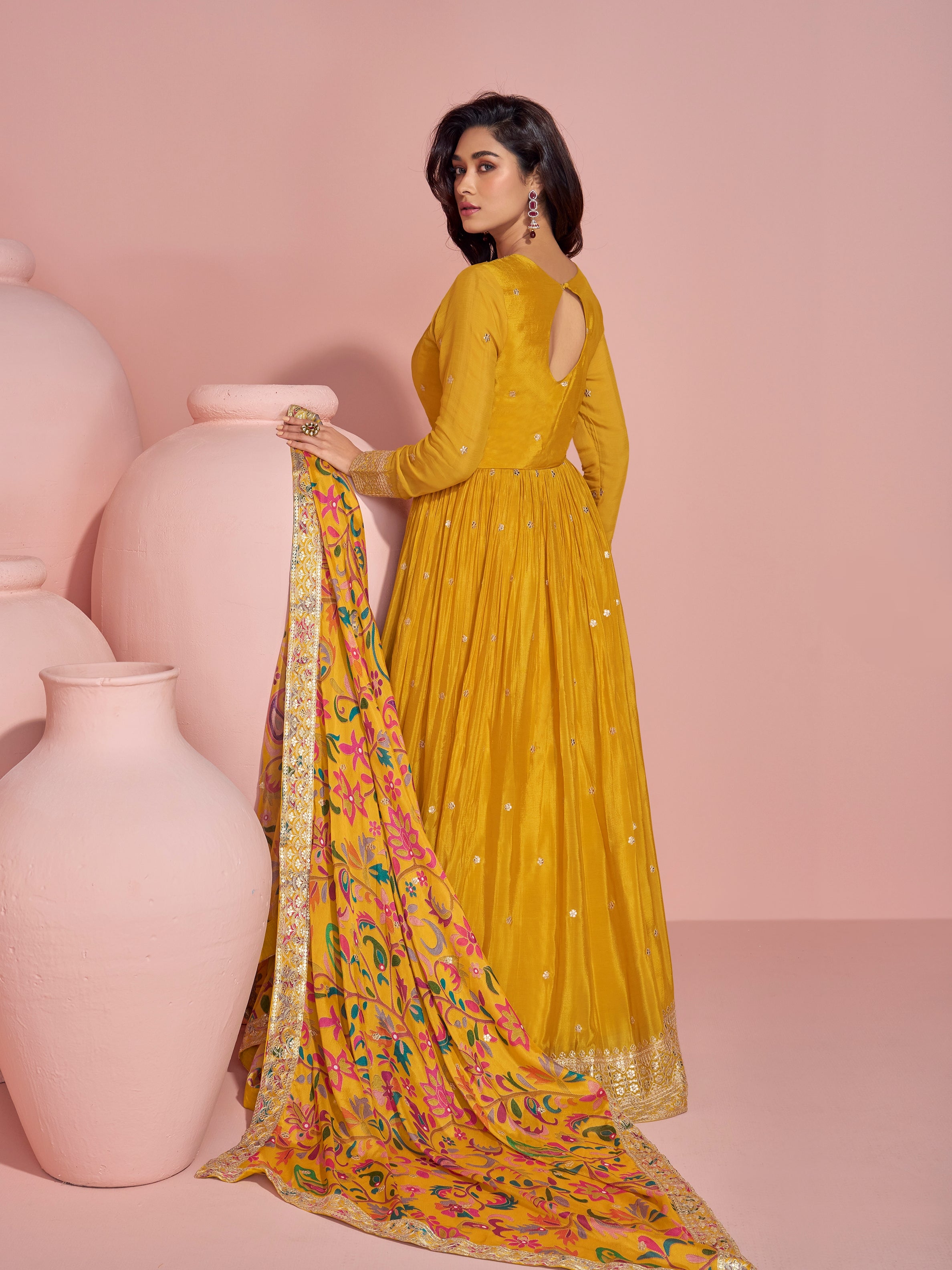 Mustard Yellow Heavy Embroidered Anarkali Gown