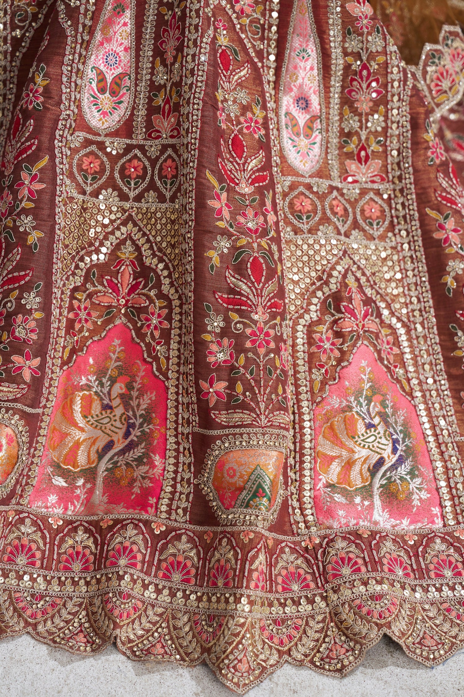 Coffee Banarasi Silk Lehenga with Aari Embroidery &amp; Dupatta