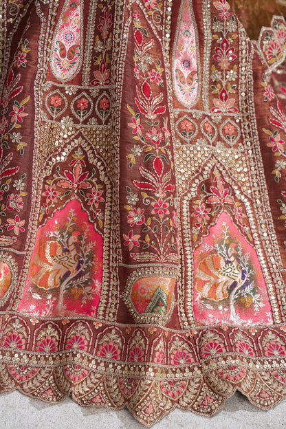 Coffee Banarasi Silk Lehenga with Aari Embroidery &amp; Dupatta
