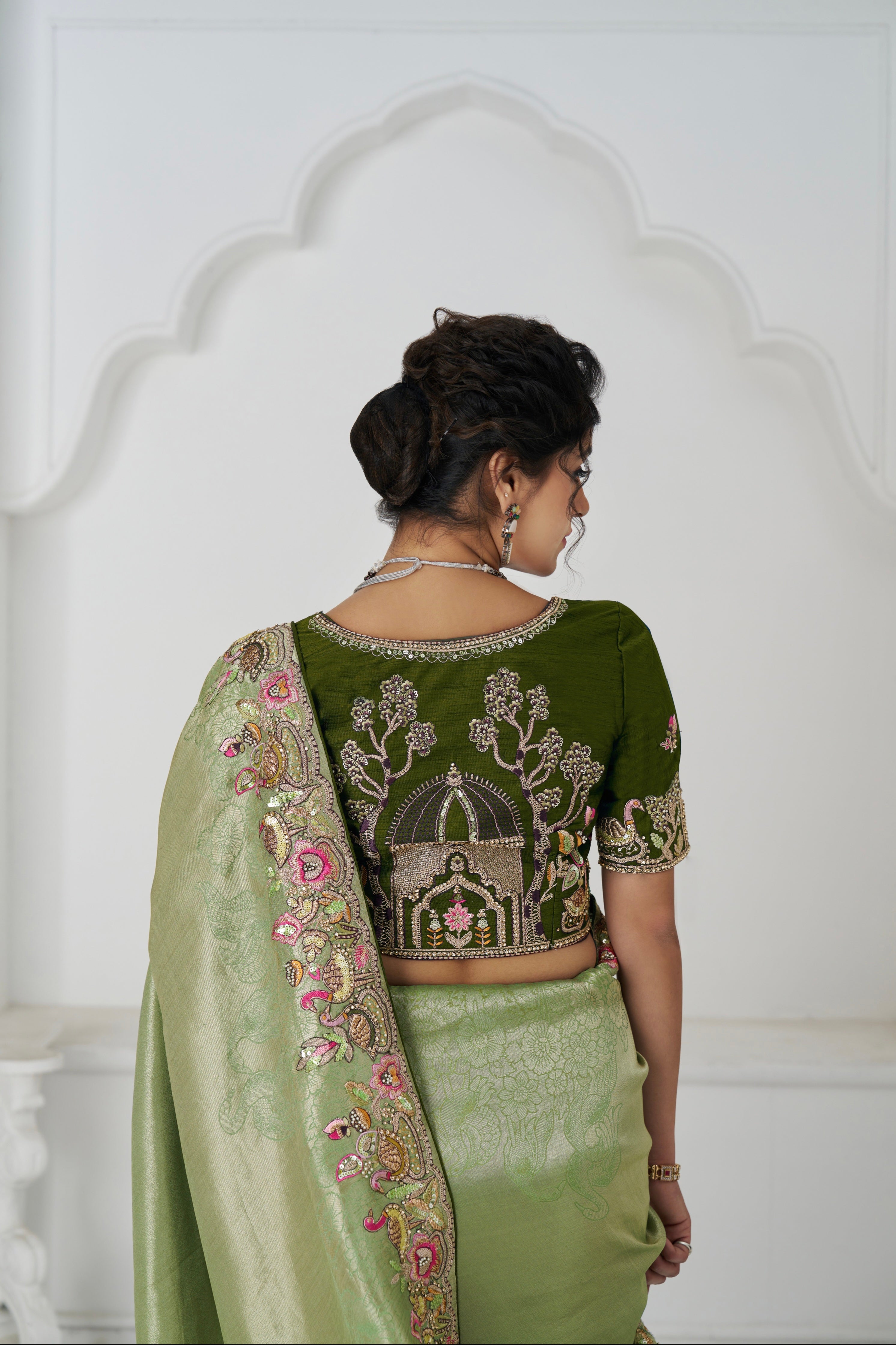 Mehendi Green Dola Silk Saree with Sequin & Bead Work
