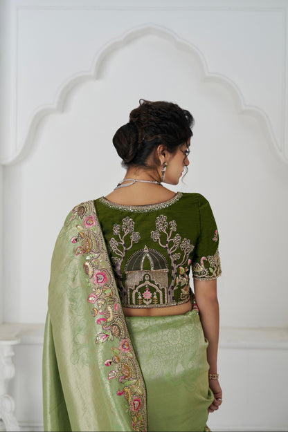 Mehendi Green Dola Silk Saree with Sequin &amp; Bead Work
