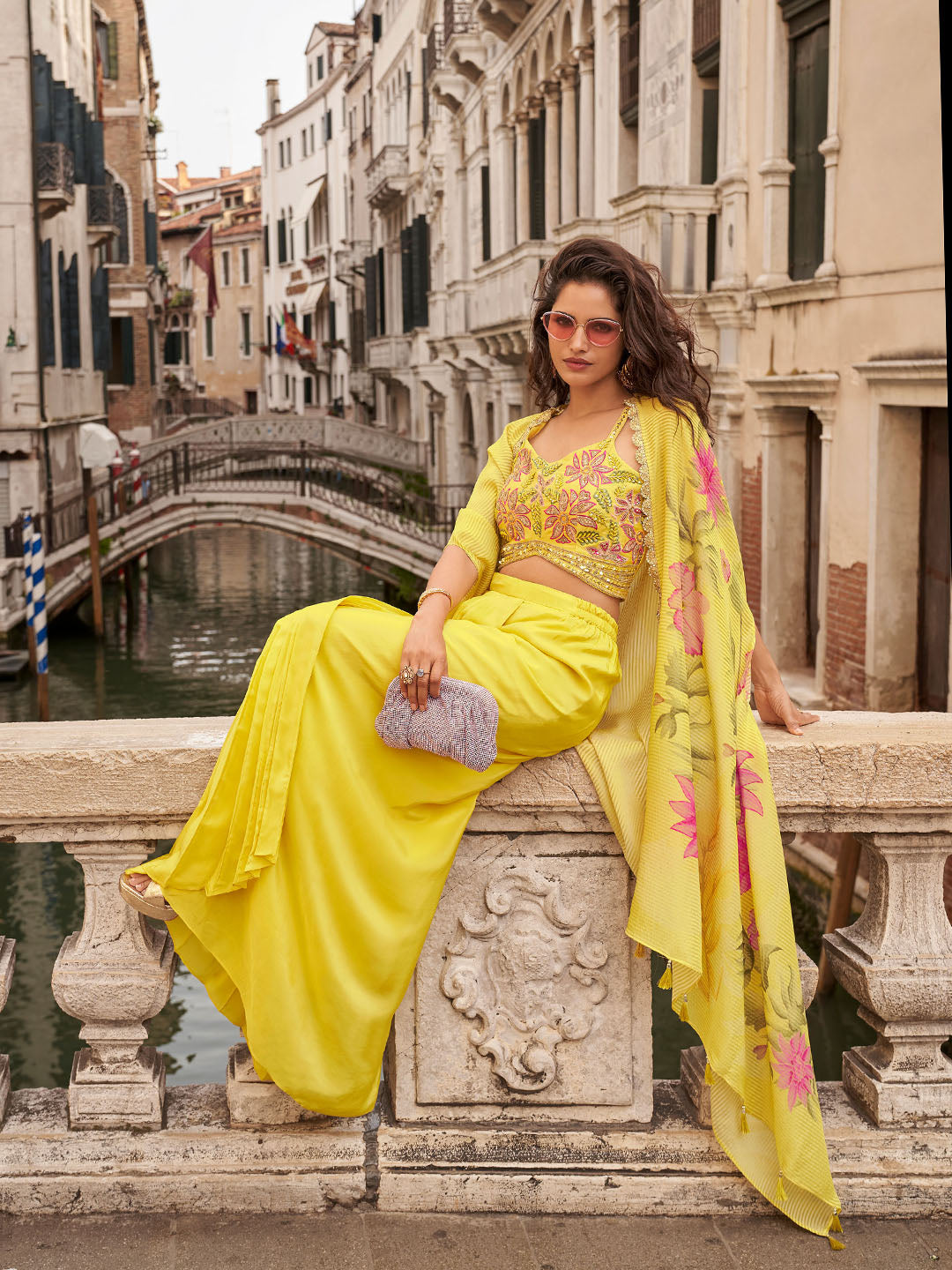 Yellow Chinon Silk Floral Palazzo Set with Designer Shrug