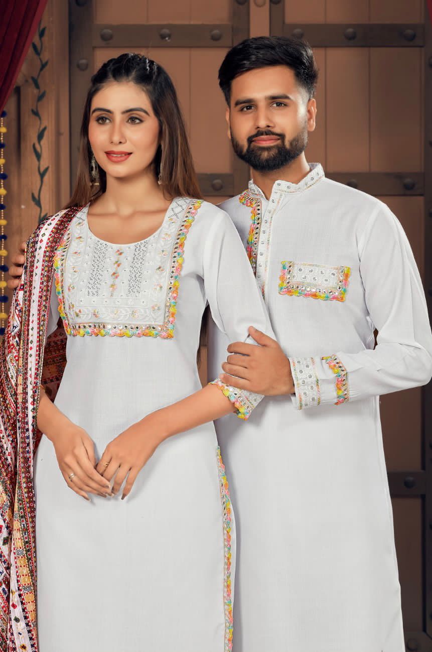Navratri Special Couple combo of Kurta with Pajama & Kurti with Pants & Dupatta Dress