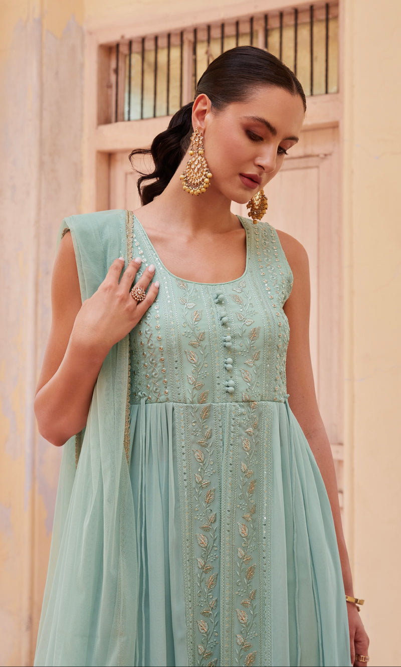 Firozi Anarkali In Georgette With Sequins, Thread And Zari Embroidery
