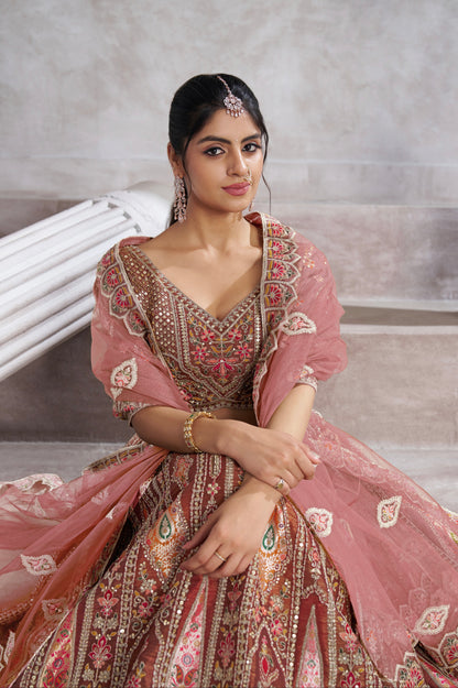 Coffee Banarasi Silk Lehenga with Aari Embroidery &amp; Dupatta