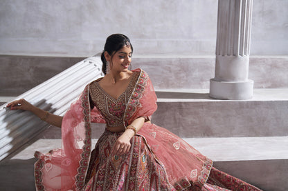 Coffee Banarasi Silk Lehenga with Aari Embroidery &amp; Dupatta