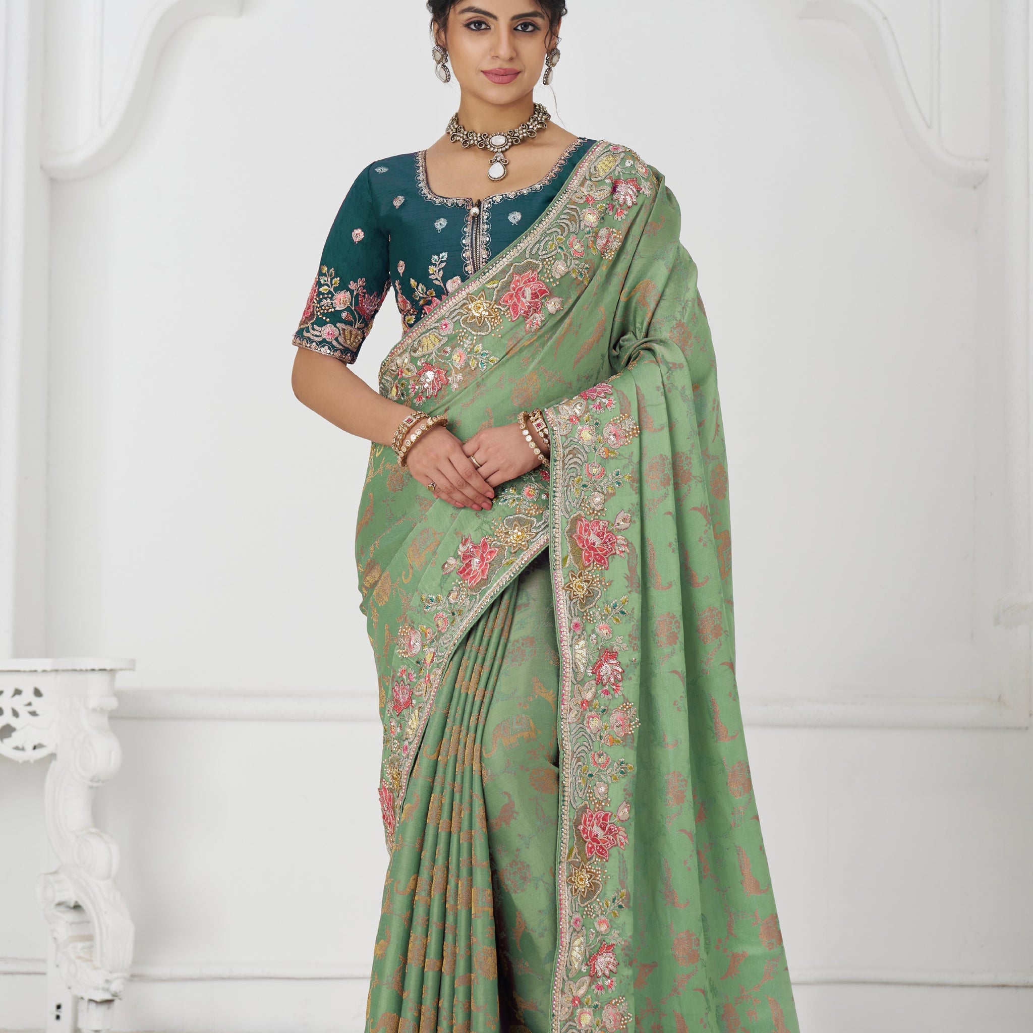 Green Dola silk saree with sequin and bead embroidery