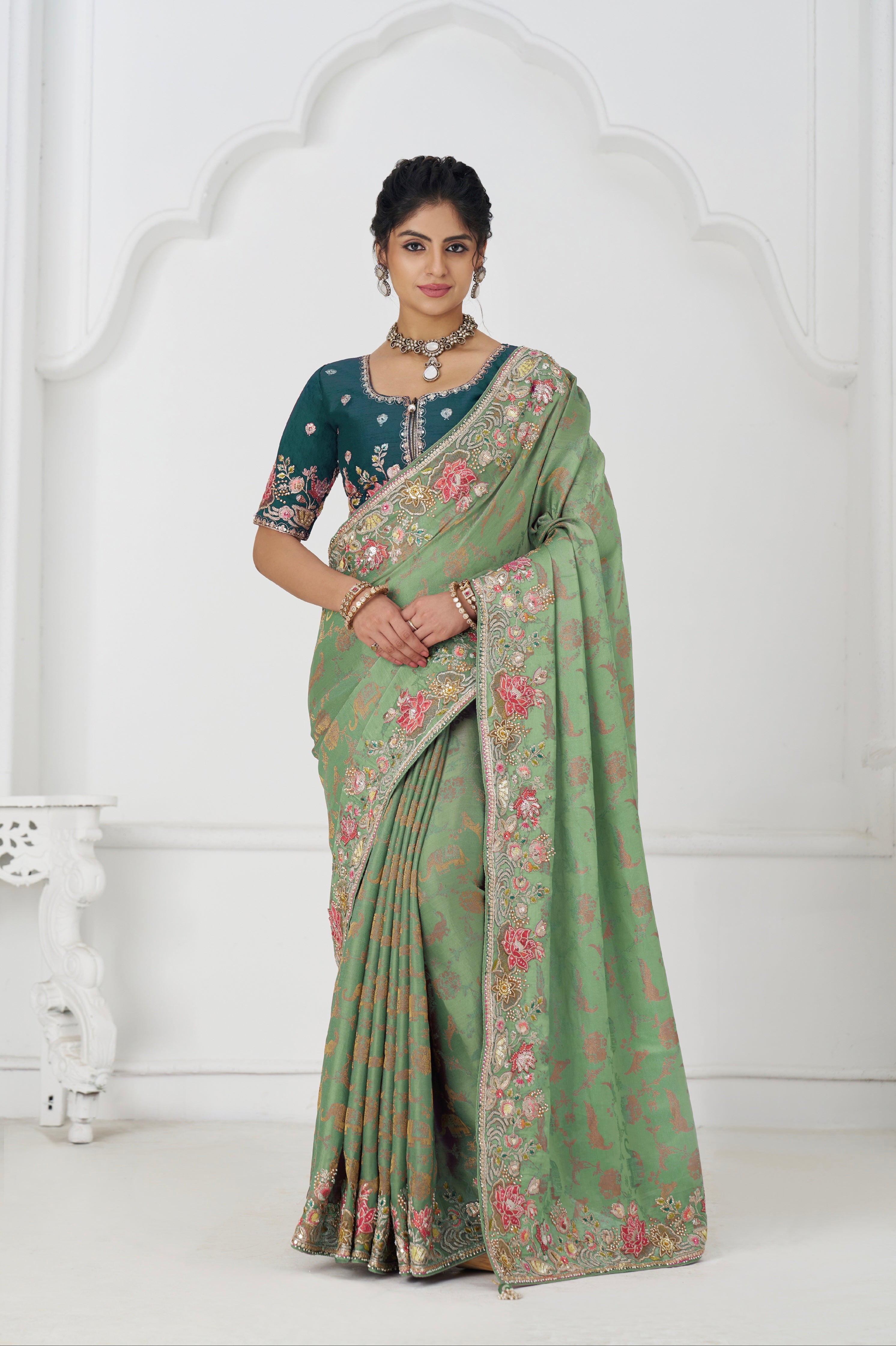 Green Dola silk saree with sequin and bead embroidery