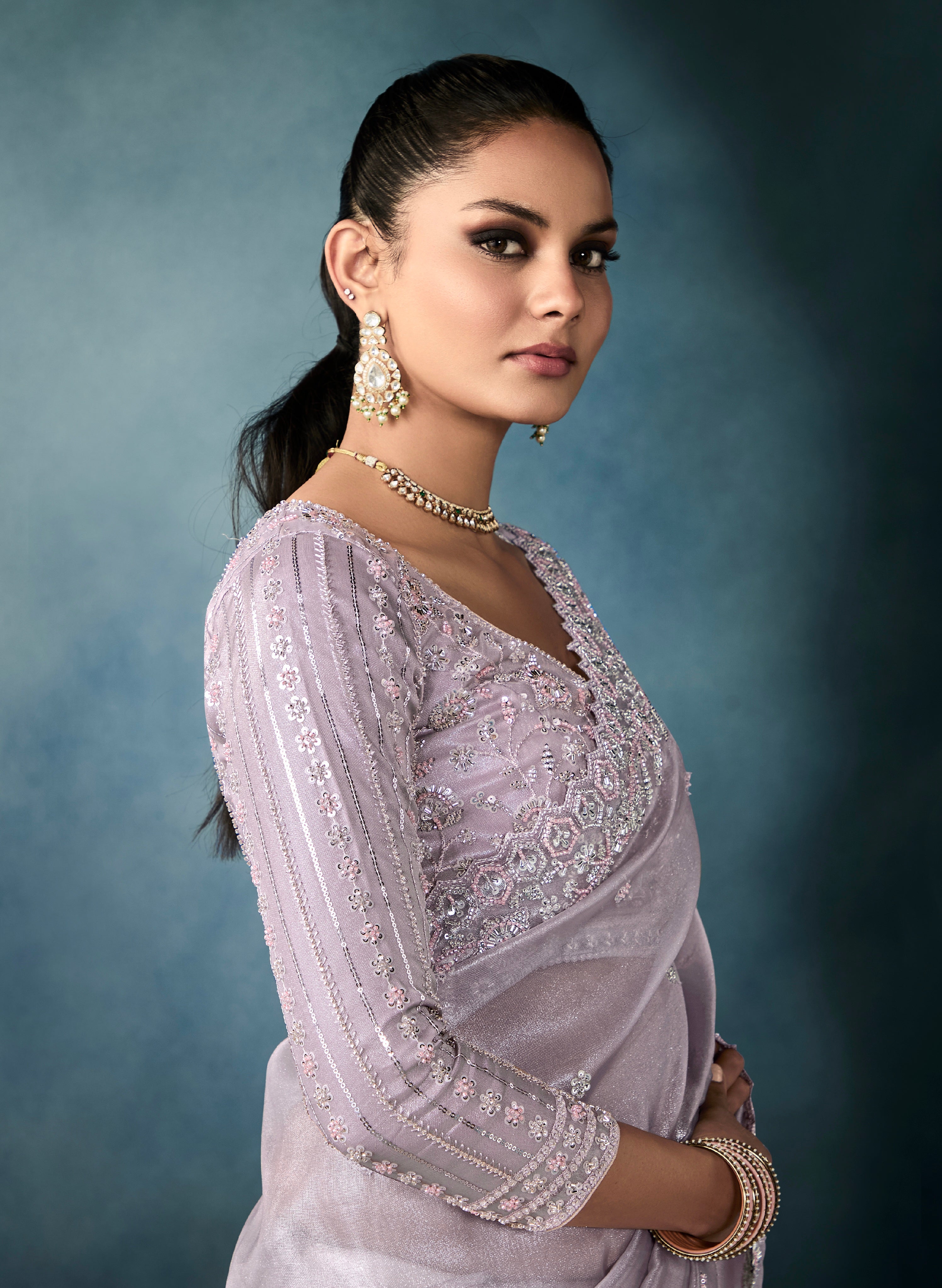 Lavender Tissue Saree with Hand Embroidery and Designer Border