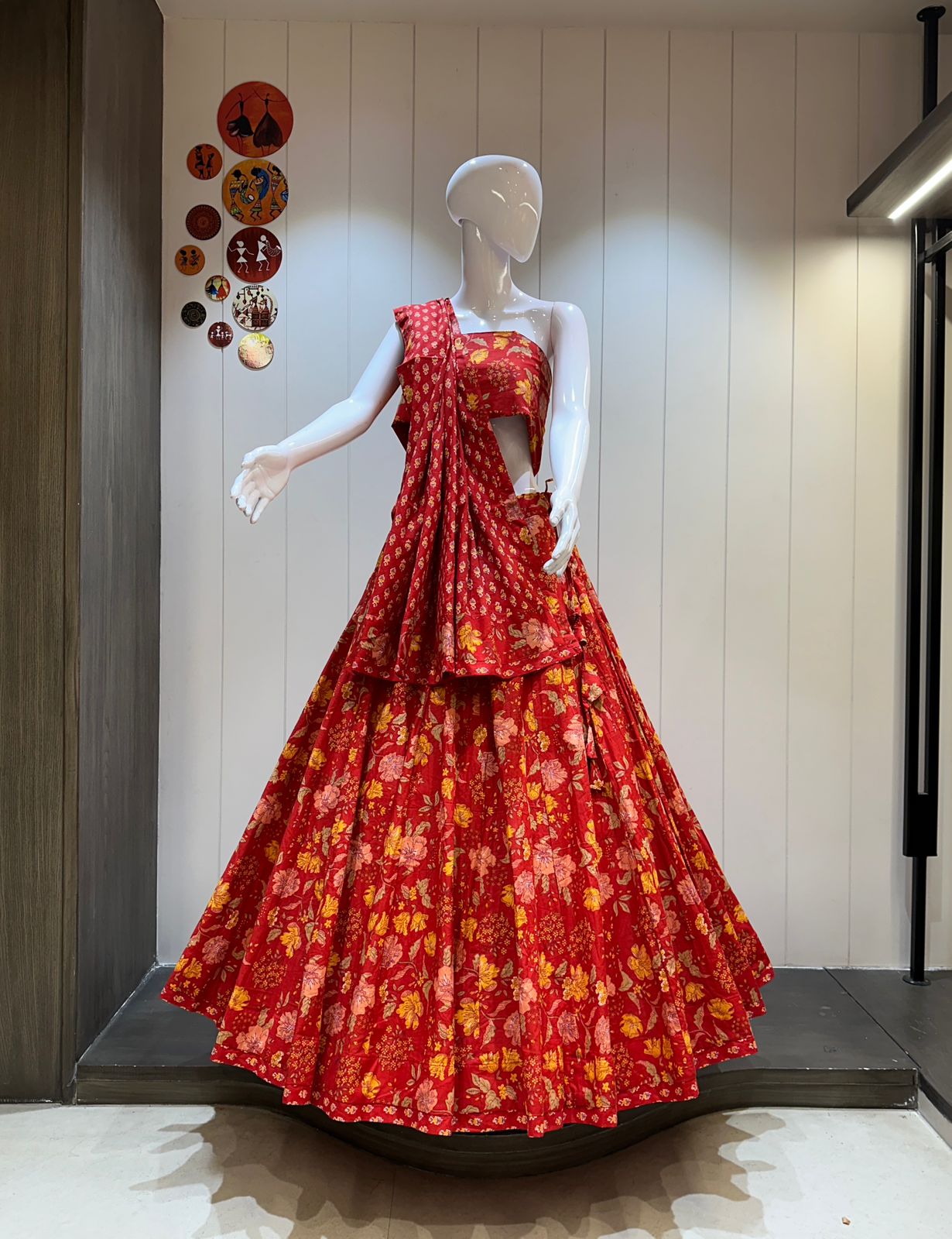 Bright Red Floral Print Cotton Chaniya Choli for Navratri Festival

