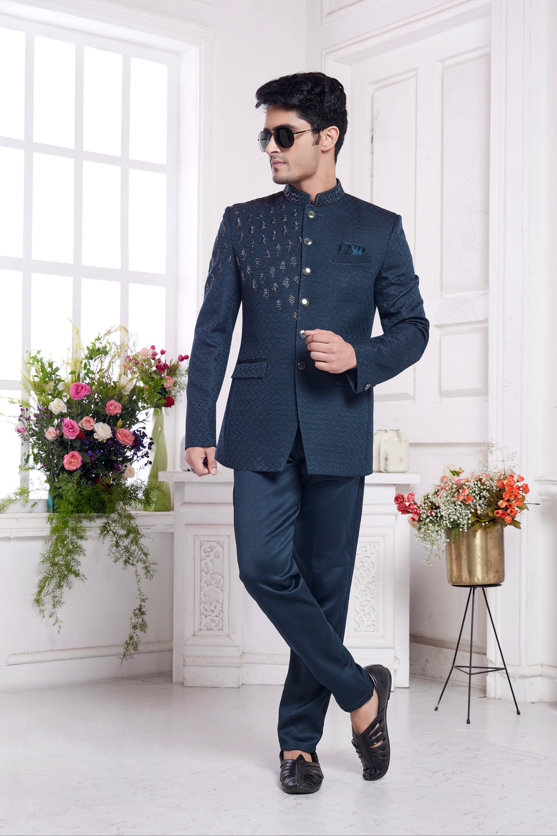 Dark teal embroidered jodhpuri suit

