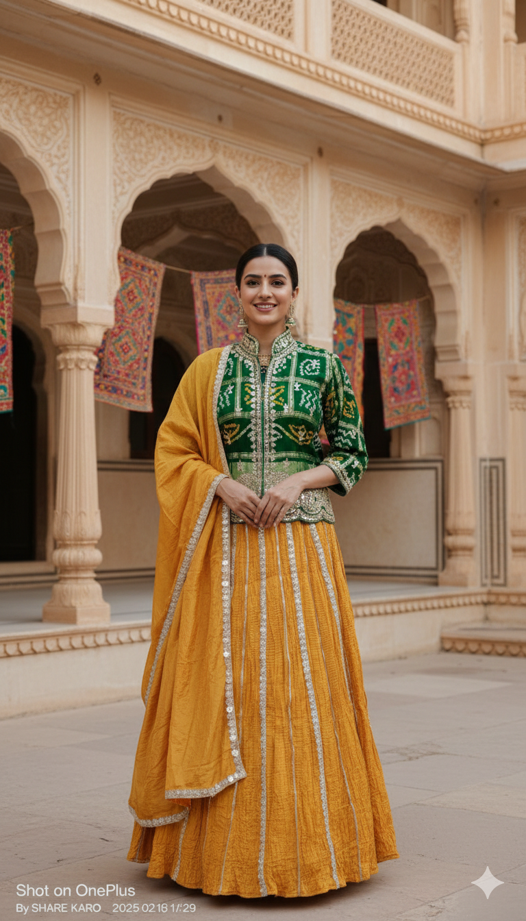 Yellow &amp; Green Pure Upada Crush Gajji Silk Gharchola Rajsthani Lehenga Choli 