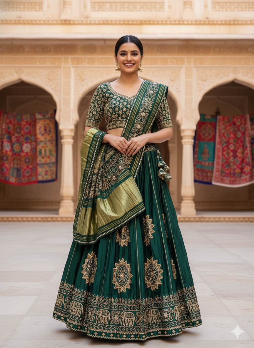 Green Pure Modal Gajji Silk Rajsthani Lehenga Choli ##color## Gharchola Lehenga Choli with premium fabric and embroidery