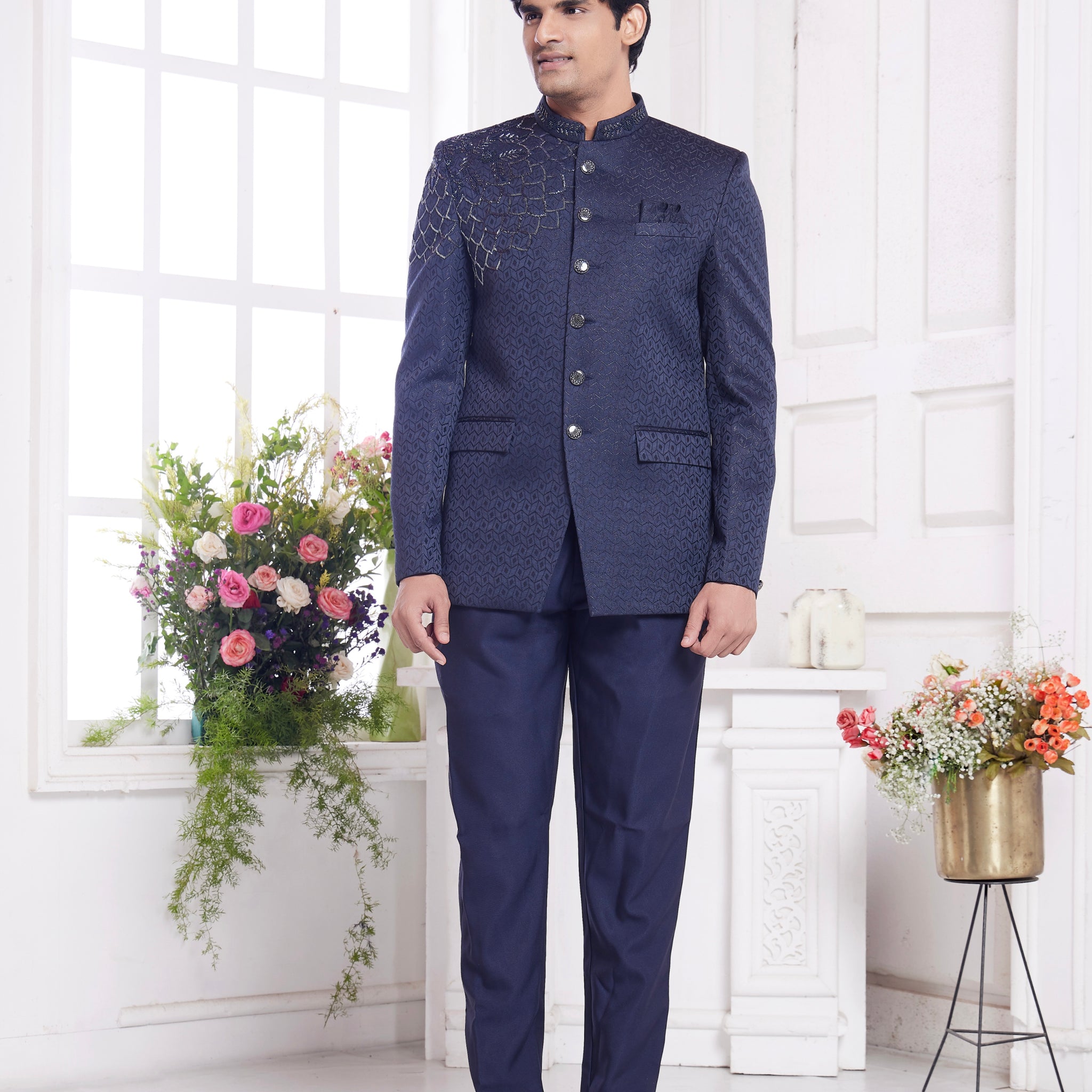 Navy blue jodhpuri for men with embroidered front

