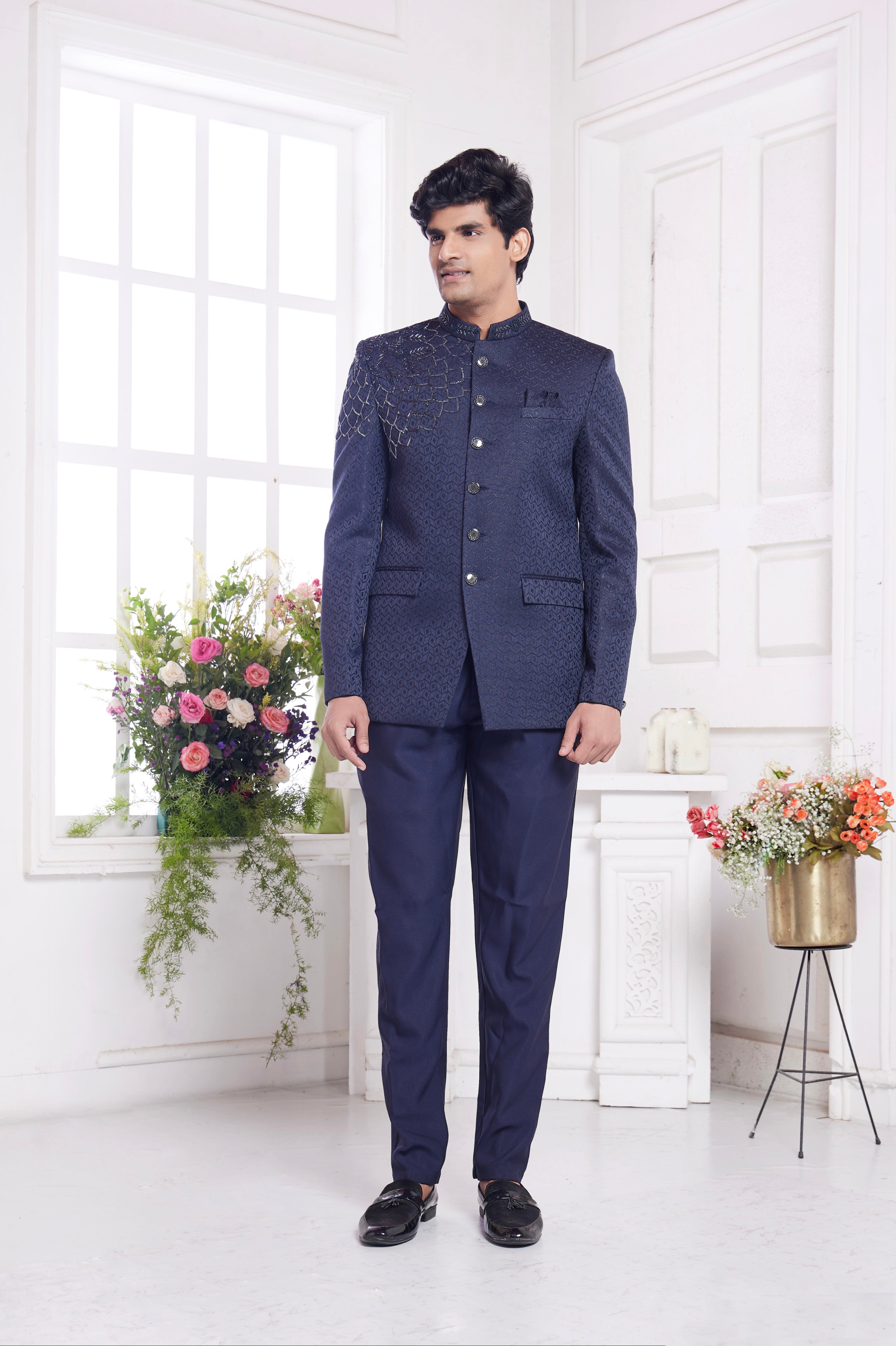 Navy blue jodhpuri for men with embroidered front

