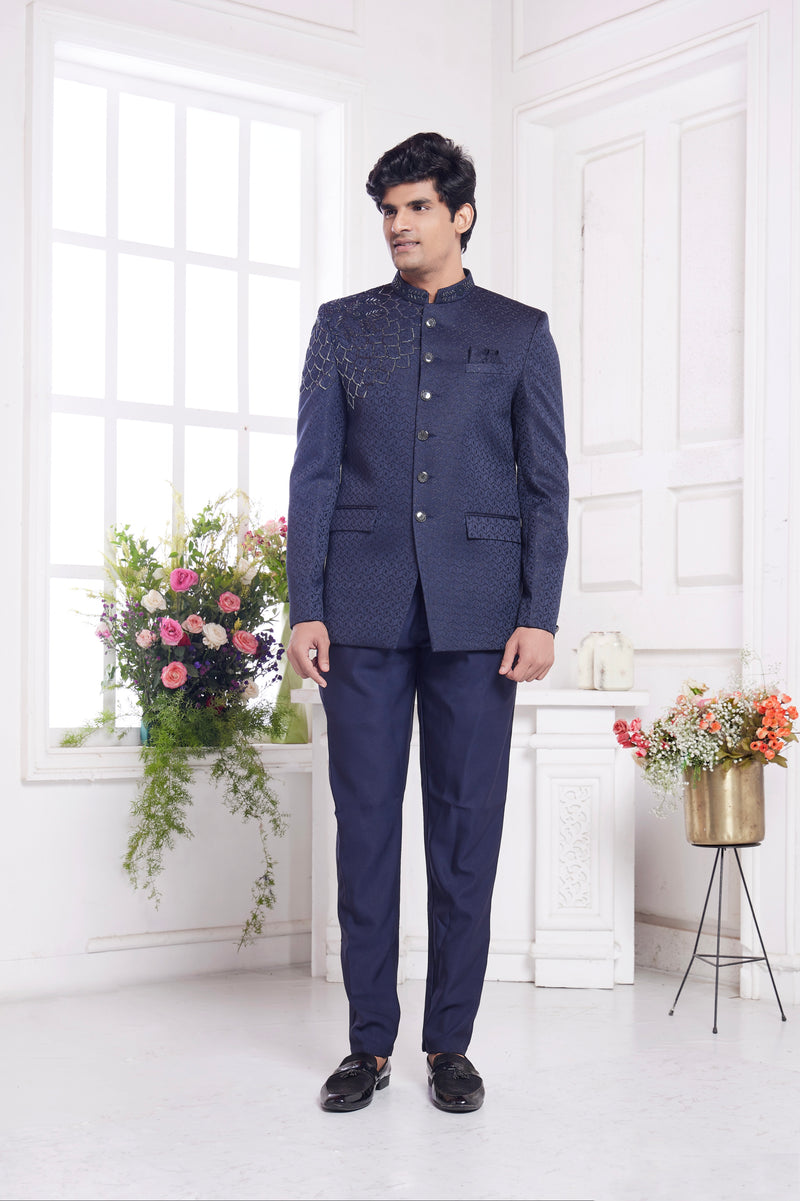 Navy blue jodhpuri for men with embroidered front

