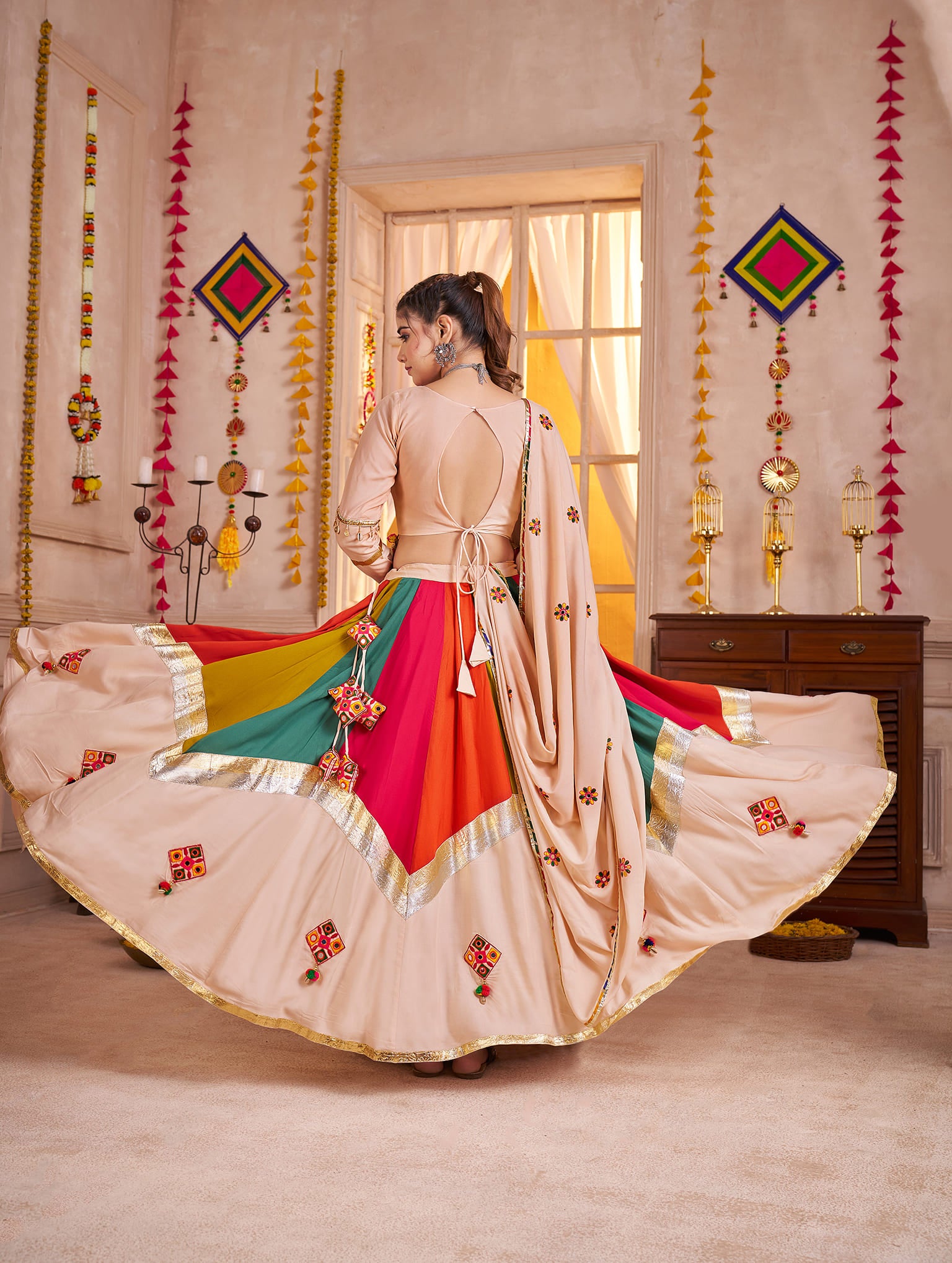 Beige Multicolor Navratri Chaniya Choli with Mirror Embroidery
