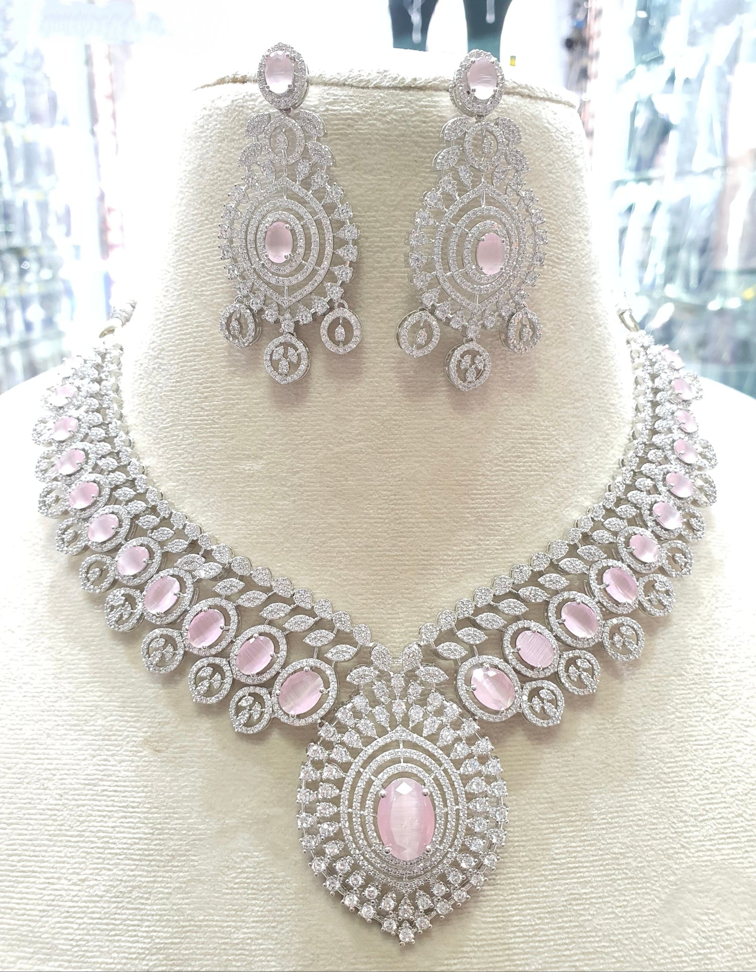 Silver pink stone bridal necklace set with earrings

