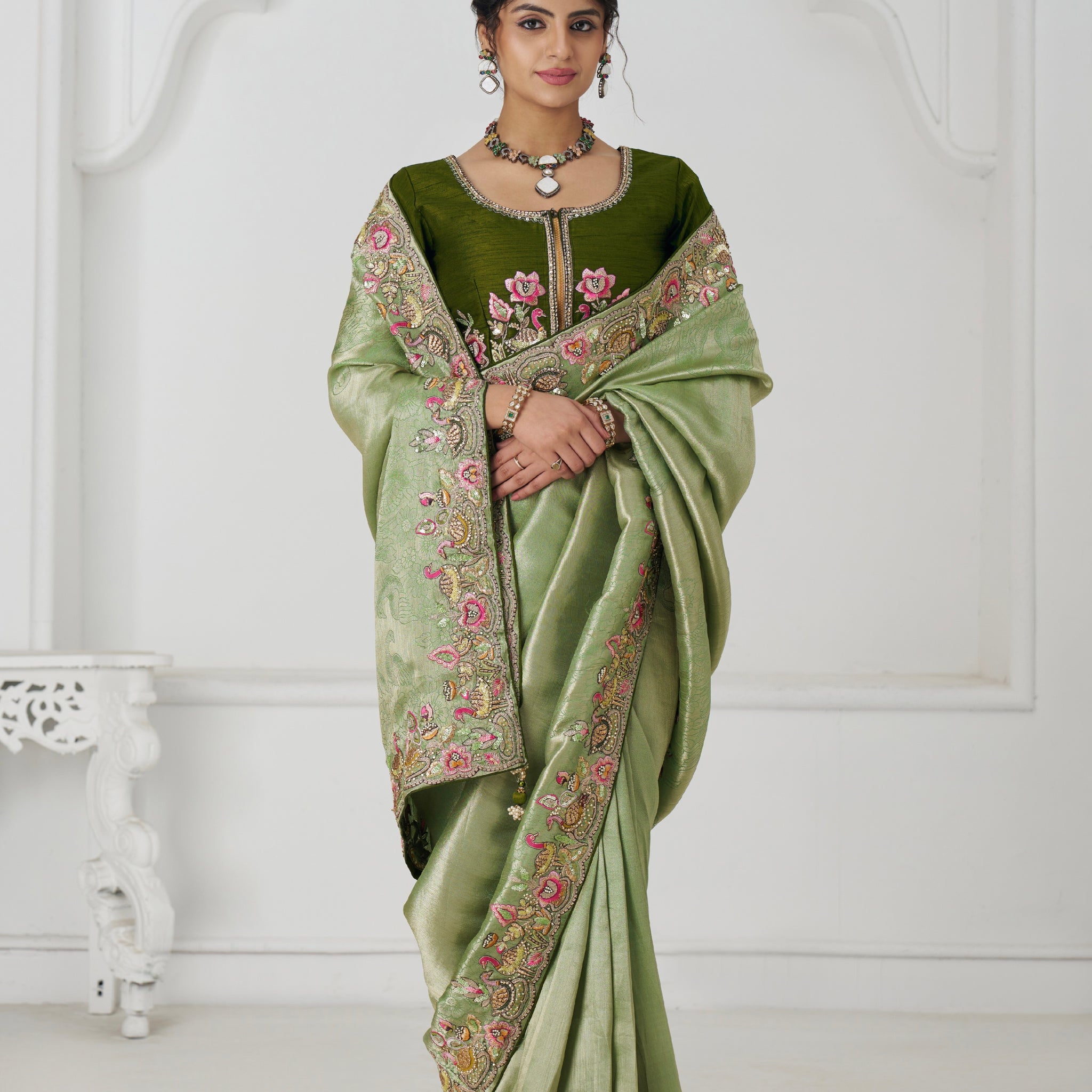Mehendi green Dola silk saree with embroidery