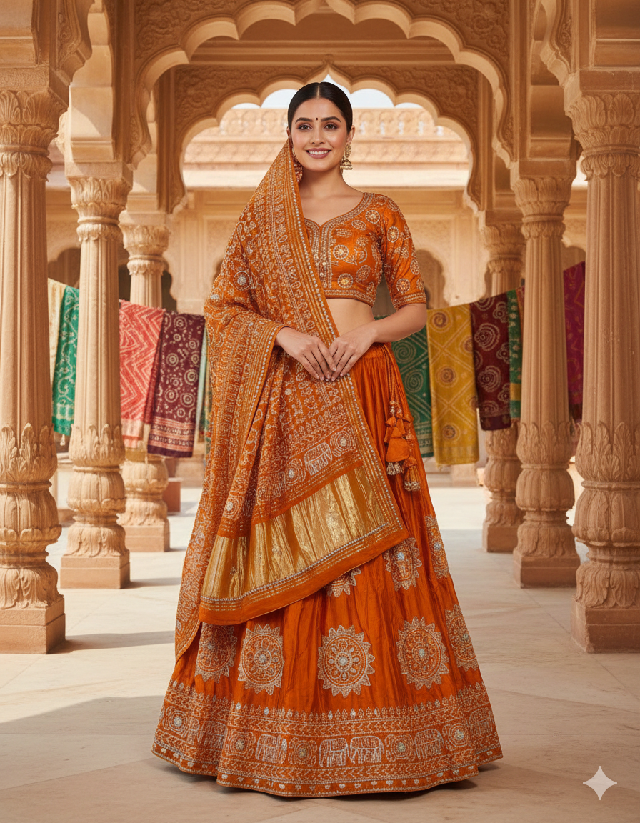 Rust Pure Modal Gajji Silk Rajsthani Lehenga Choli ##color## Gharchola Lehenga Choli with premium fabric and embroidery