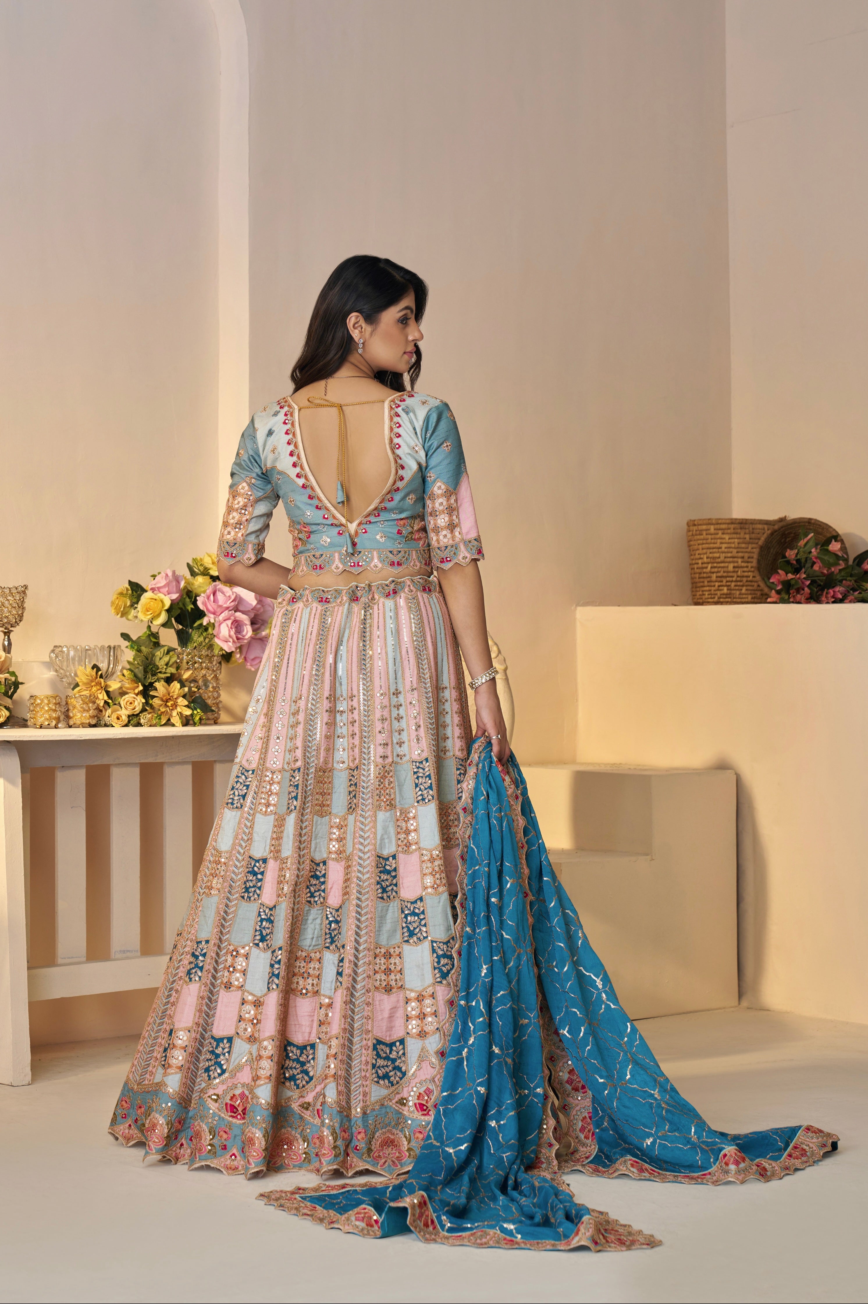 Pastel Bridal Lehenga with Sky Blue Dupatta