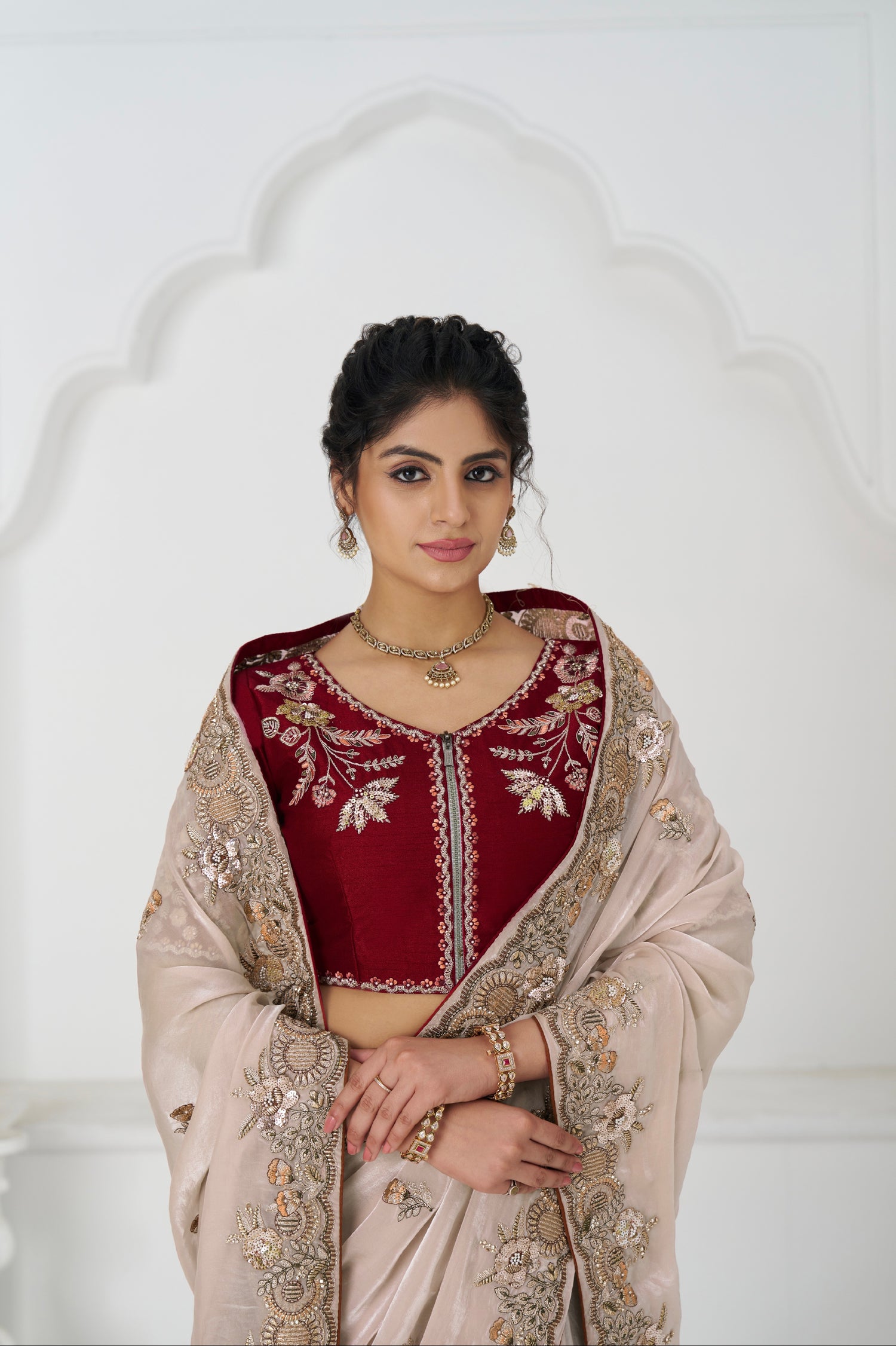 Elegant chiku saree with sequins and blouse