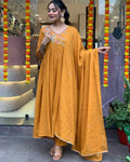 Mustard Viscose Anarkali Kurti Set with Embroidered Dupatta