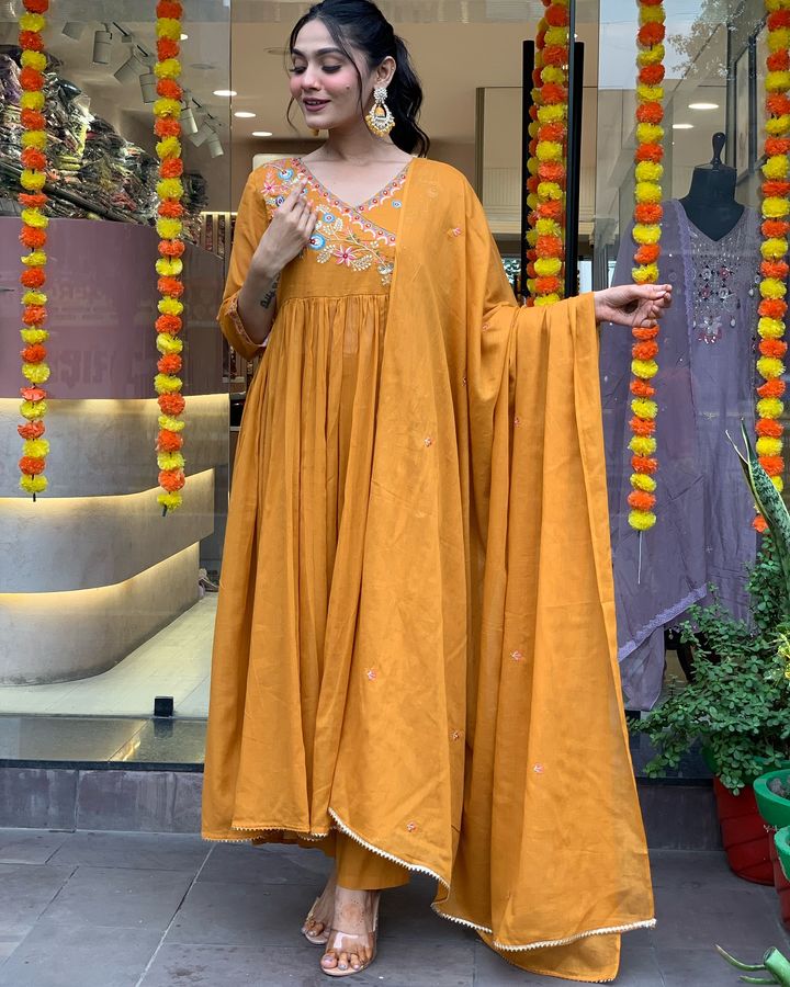 Mustard Viscose Anarkali Kurti Set with Embroidered Dupatta