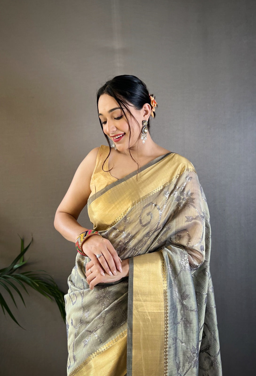 Beautiful Party Wear Zari Tissue With Sequen Work Saree