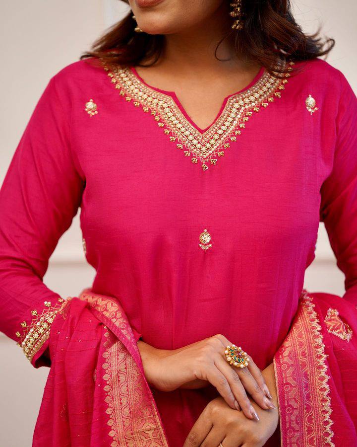 Pink Viscose Chanderi Kurti Set with Jacquard Dupatta