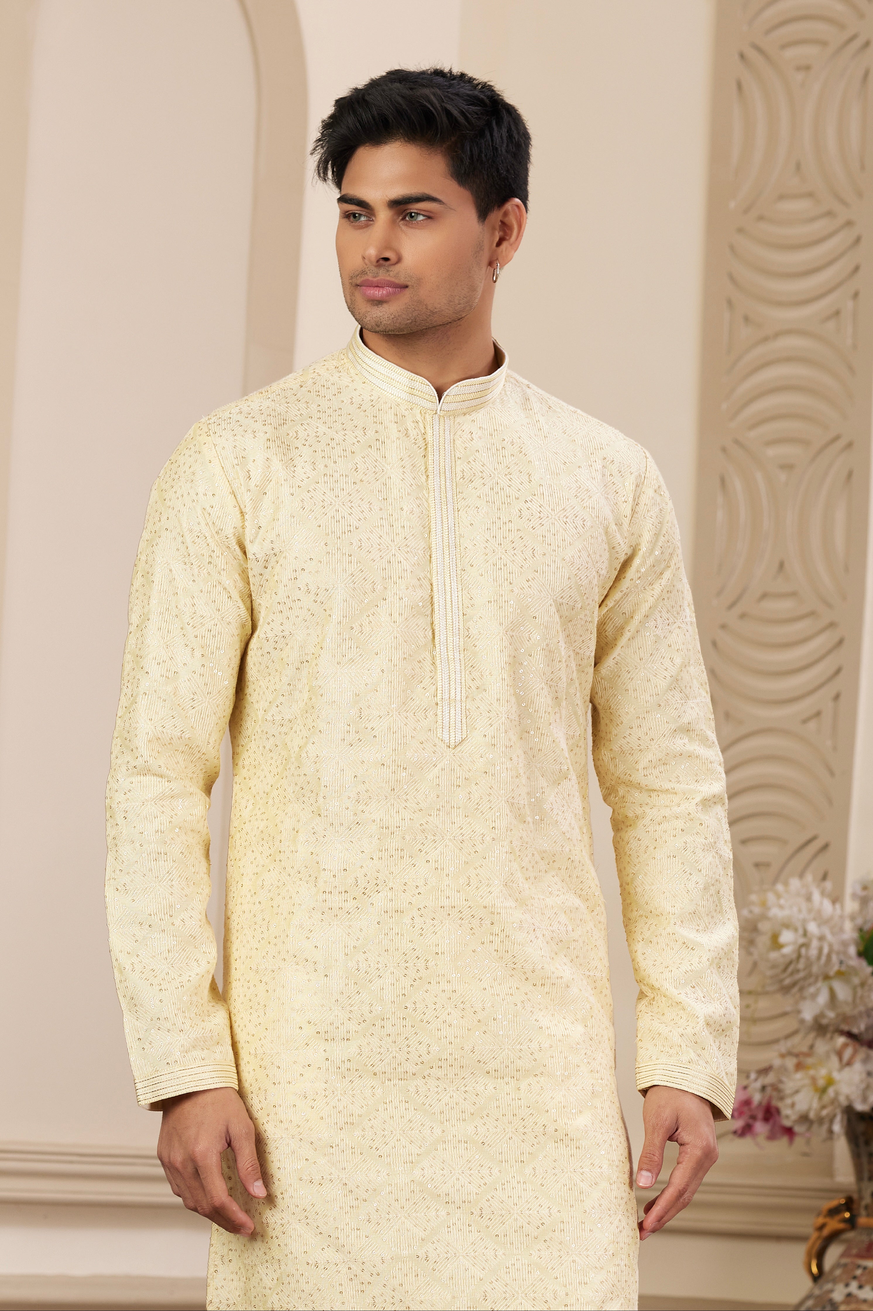 Men’s pastel yellow kurta pajama

