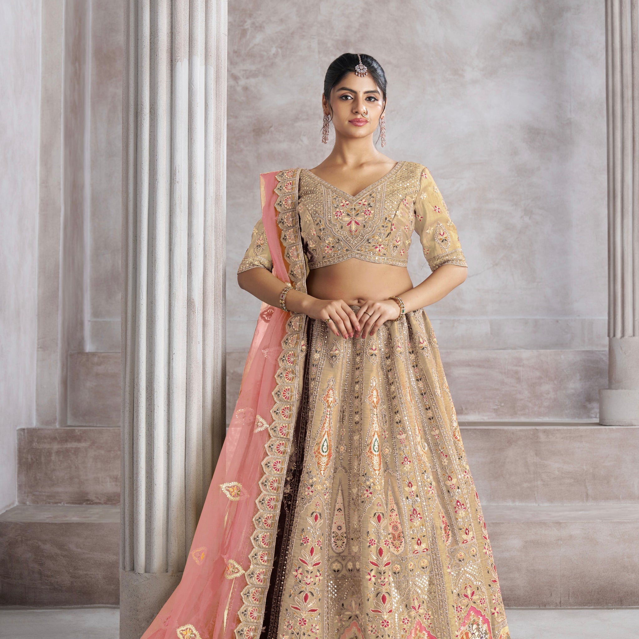 Chiku Banarasi Silk Lehenga with Aari Embroidery