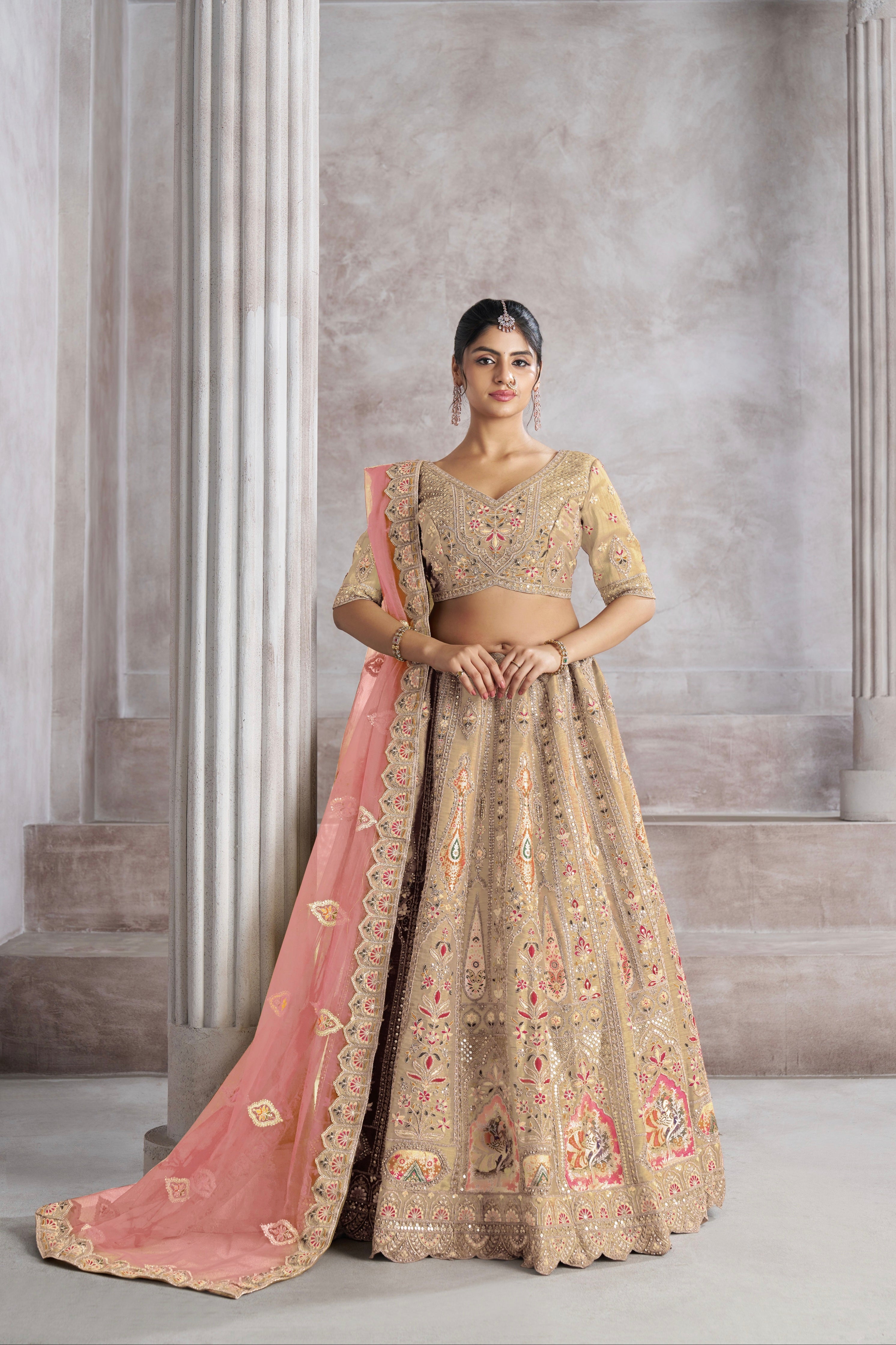 Chiku Banarasi Silk Lehenga with Aari Embroidery