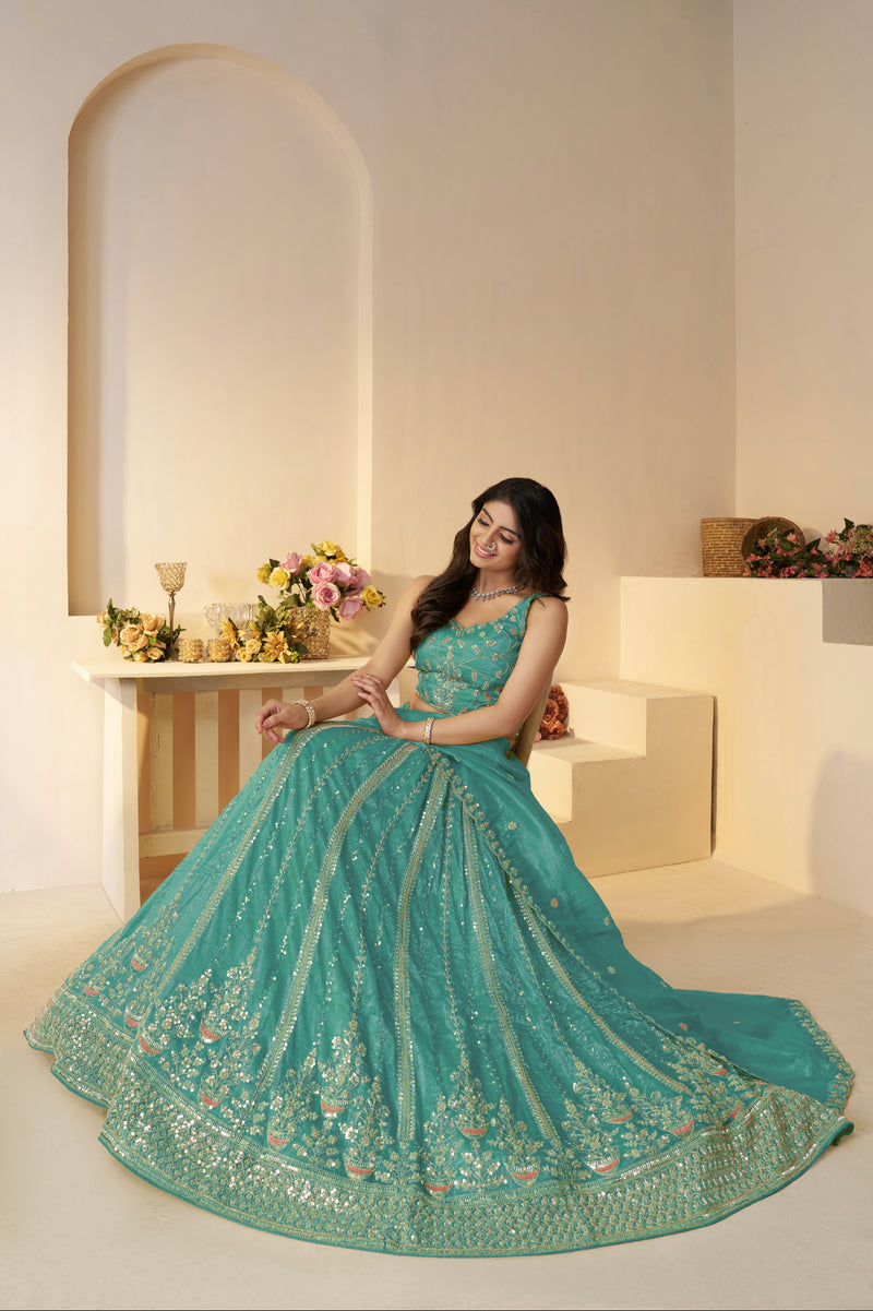 Zari silk fabric texture in designer bridal lehenga – sky blue

