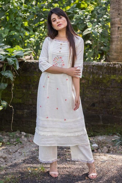 Beautiful Part Wear white cotton Kurta Pant Set - Anant Exports
