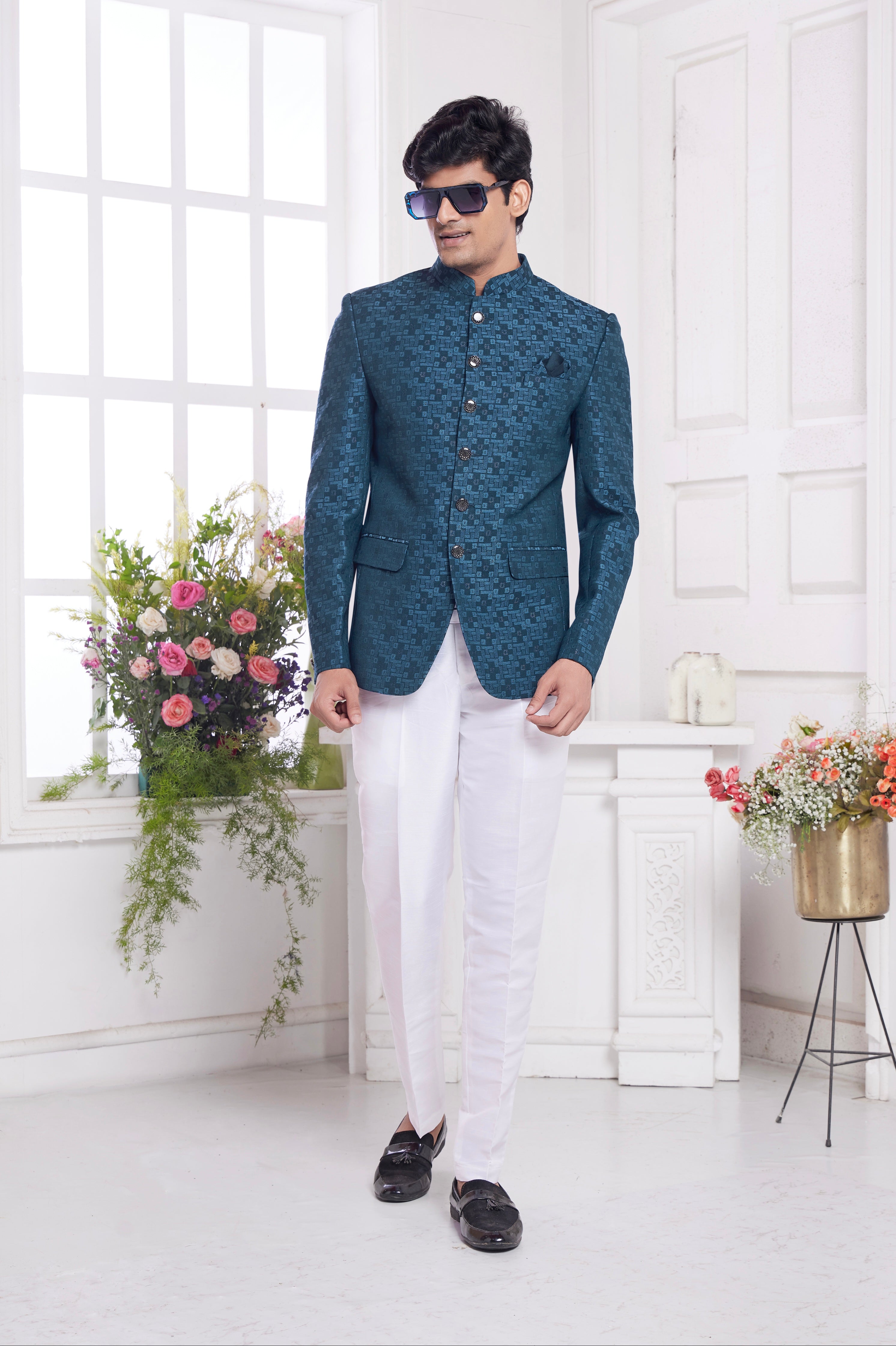 Men’s embroidered teal jodhpuri suit

