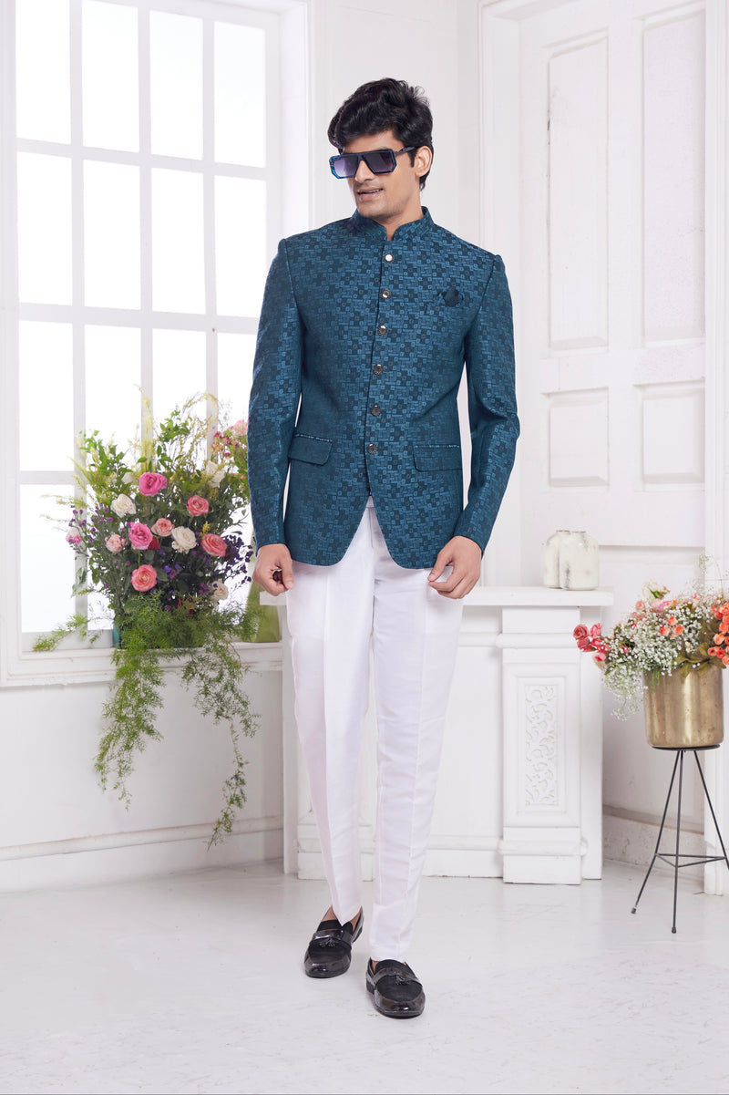 Men’s embroidered teal jodhpuri suit


